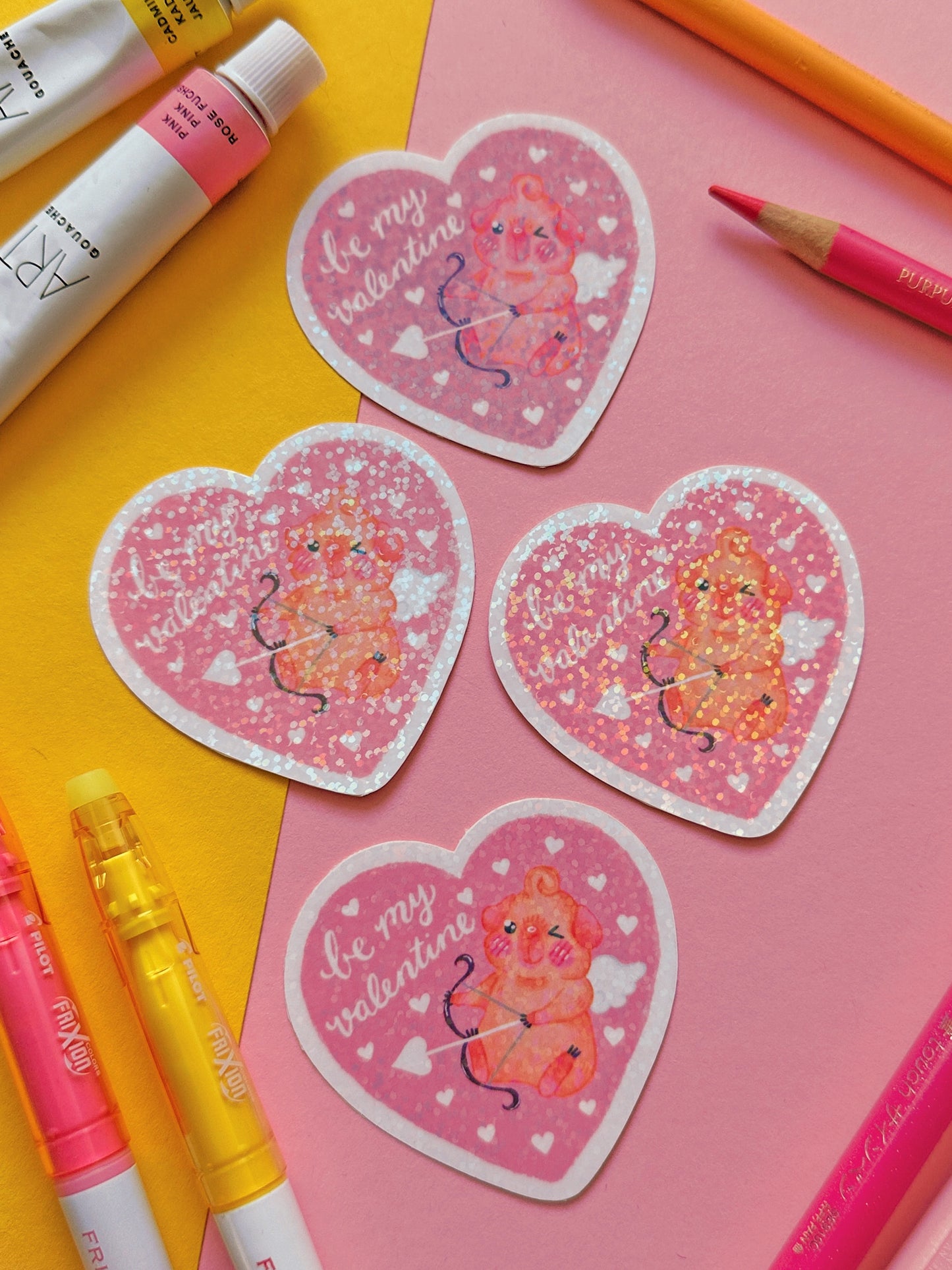 Be my Valentine Cupig | Guinea Pig Cupid | Holographic Glitter cute pink valentine stickers, stationery, kawaii art, animal