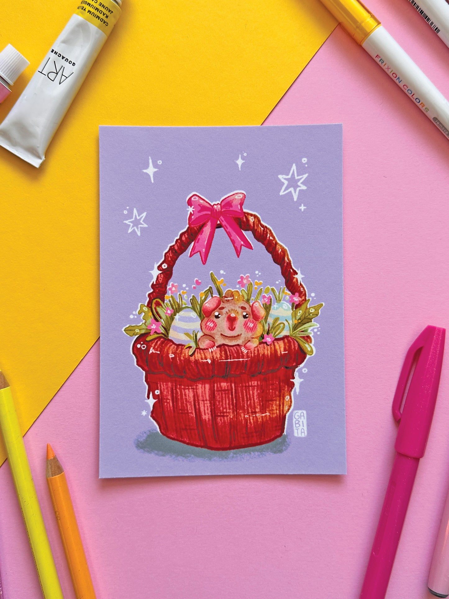 Happy Easter Card | A6 Art Print | Hand Drawn Illustration, gift, cute, cozy, animal, guinea pig