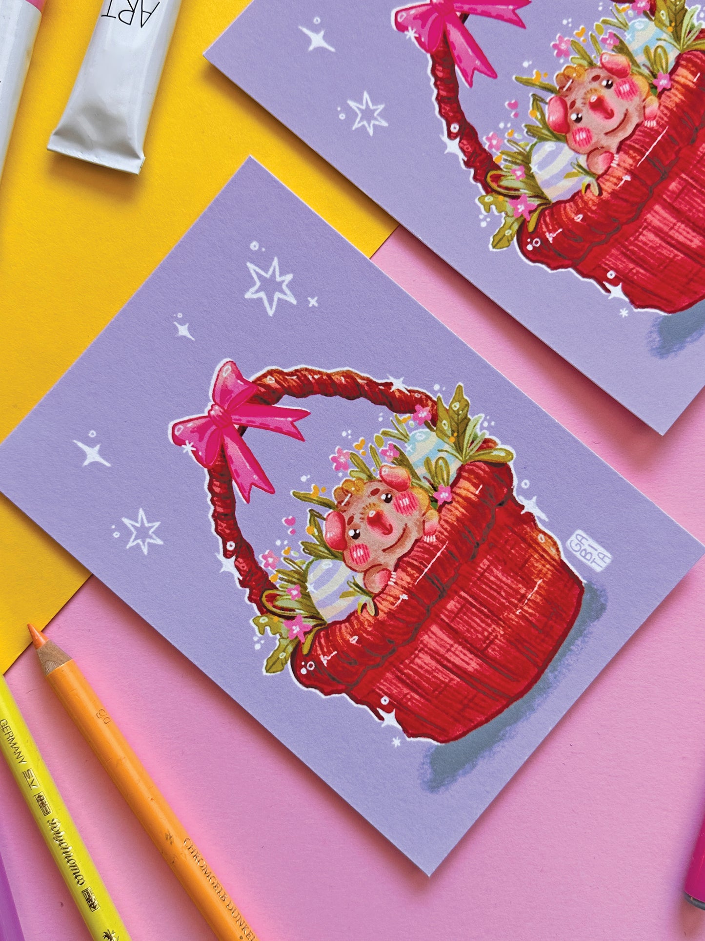 Happy Easter Card | A6 Art Print | Hand Drawn Illustration, gift, cute, cozy, animal, guinea pig