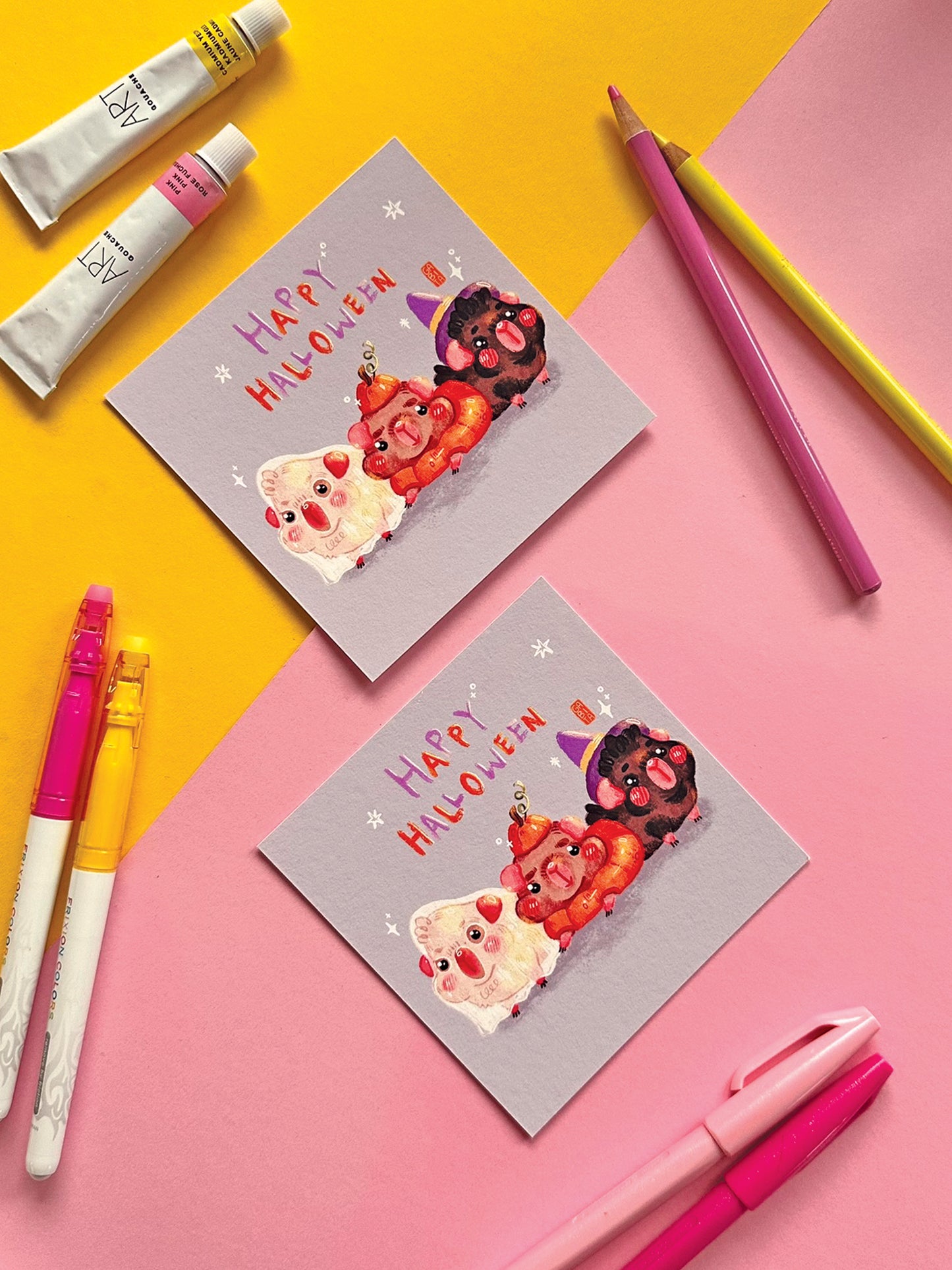 Happy Halloween Art Print: Kawaii Witch Ghost Pumpkin Guinea Pig Illustration