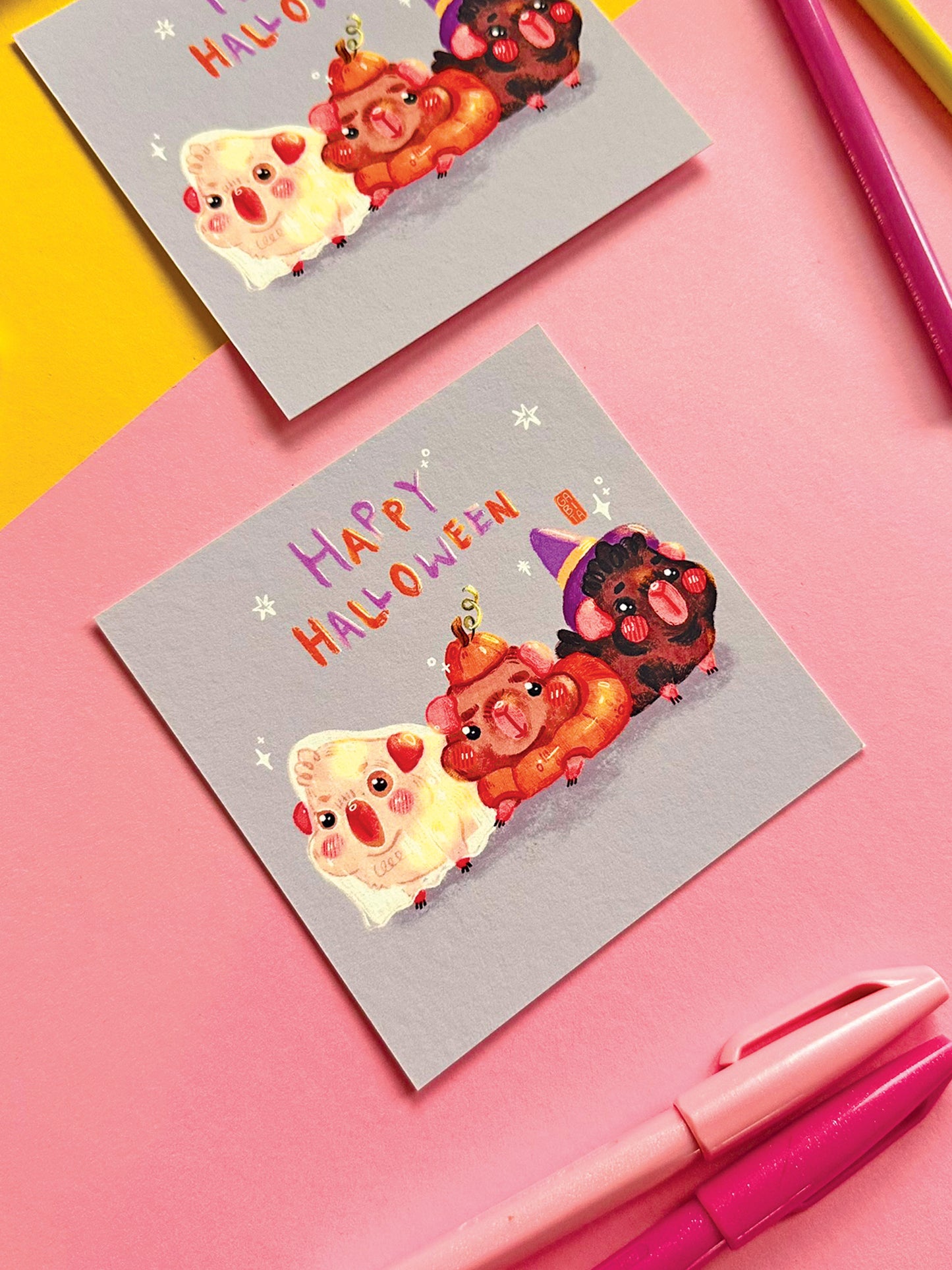 Happy Halloween Art Print: Kawaii Witch Ghost Pumpkin Guinea Pig Illustration