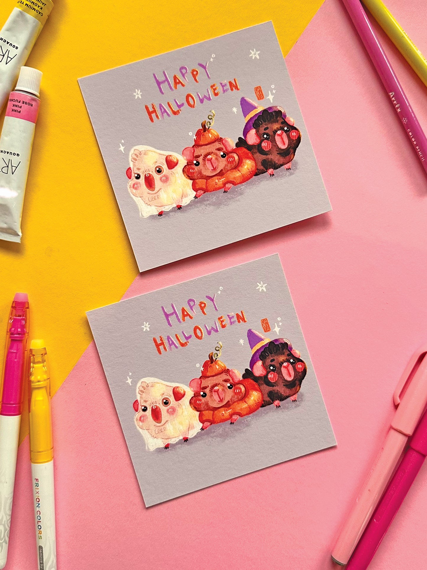 Happy Halloween Art Print: Kawaii Witch Ghost Pumpkin Guinea Pig Illustration