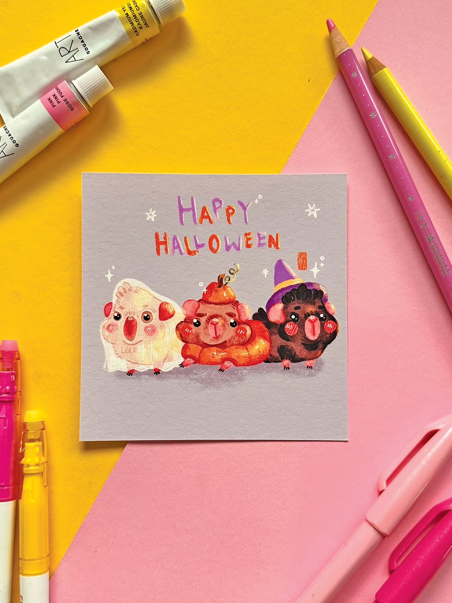Happy Halloween Art Print: Kawaii Witch Ghost Pumpkin Guinea Pig Illustration