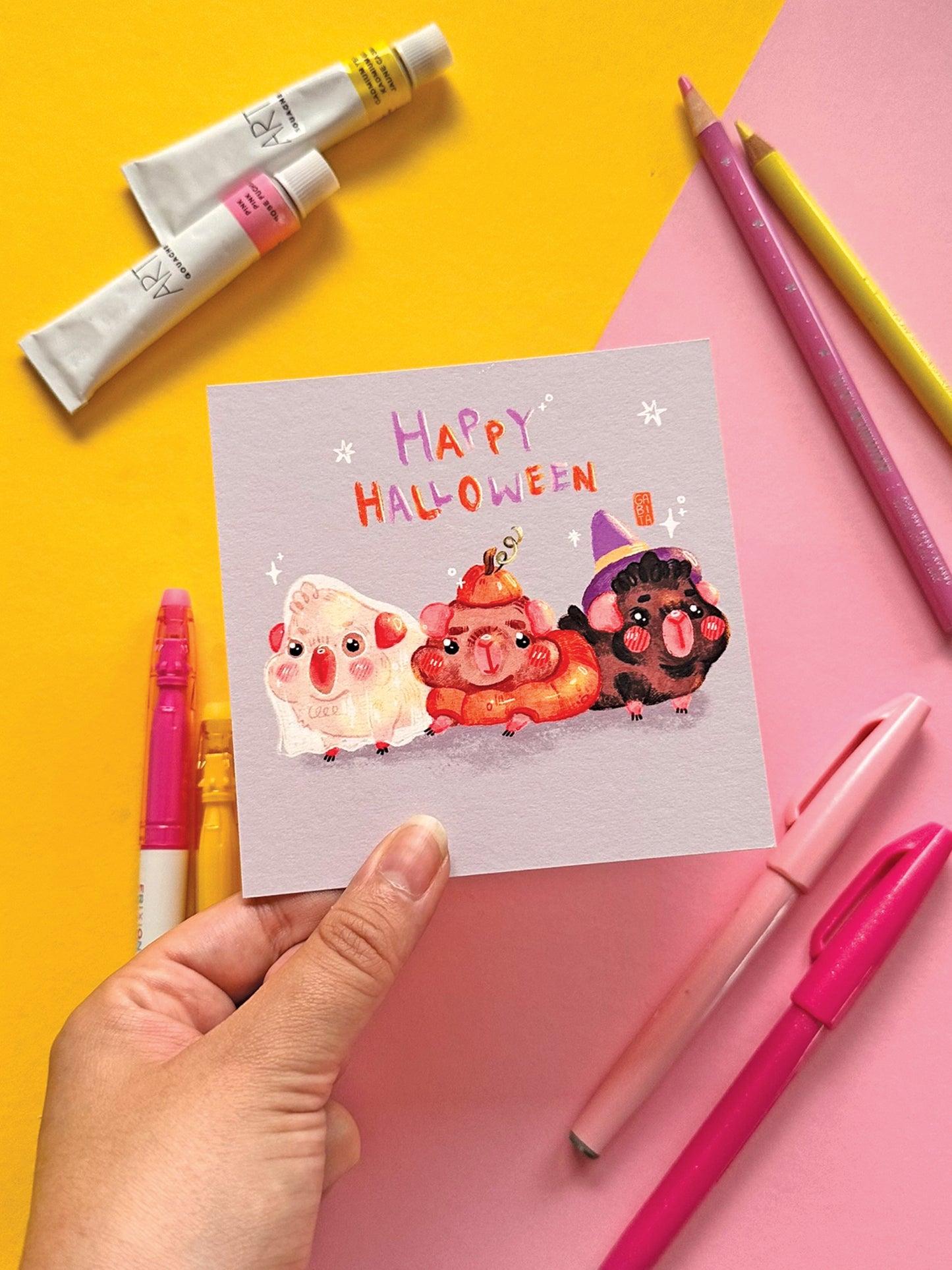 Happy Halloween Art Print: Kawaii Witch Ghost Pumpkin Guinea Pig Illustration