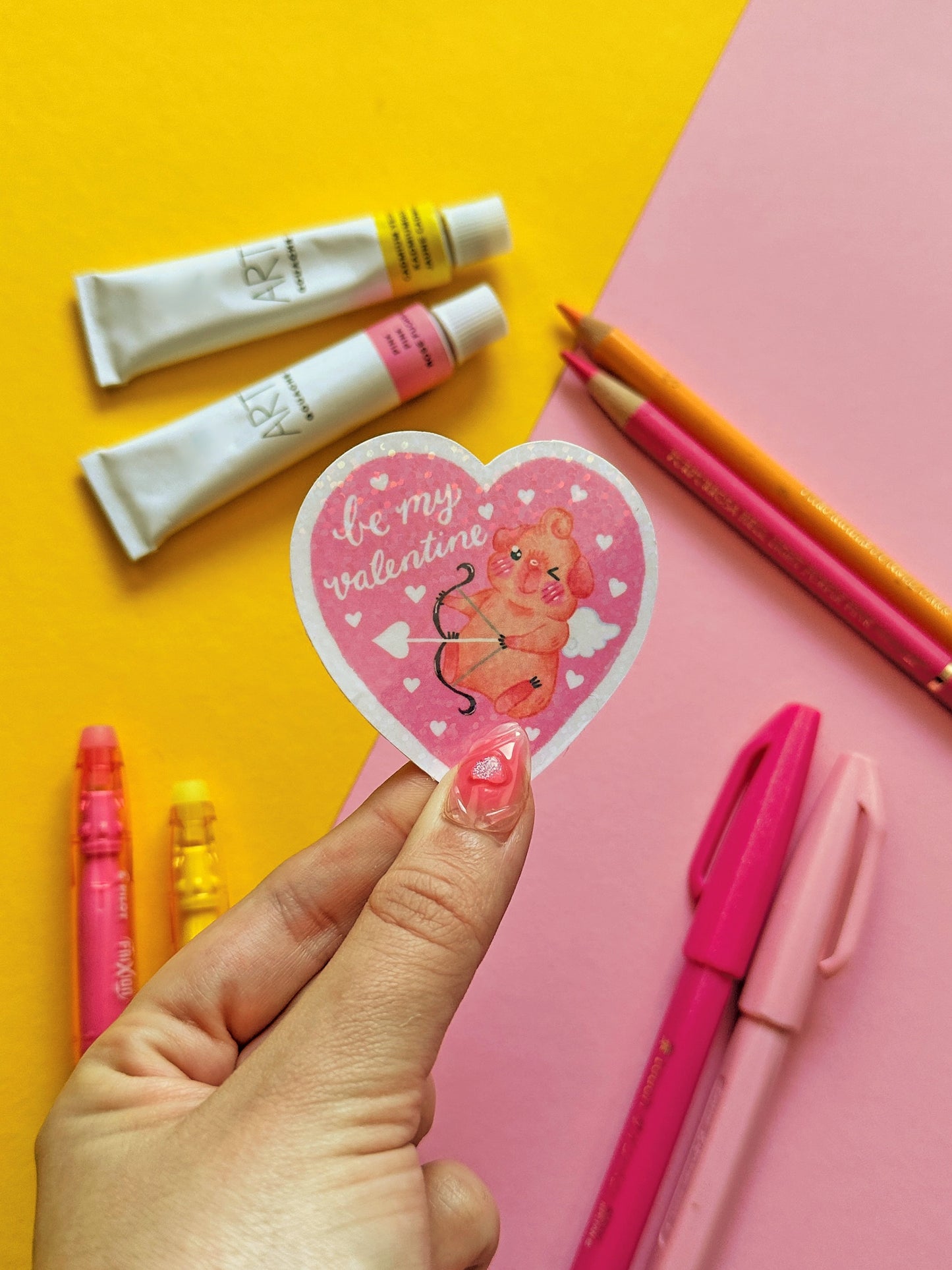 Be my Valentine Cupig | Guinea Pig Cupid | Holographic Glitter cute pink valentine stickers, stationery, kawaii art, animal