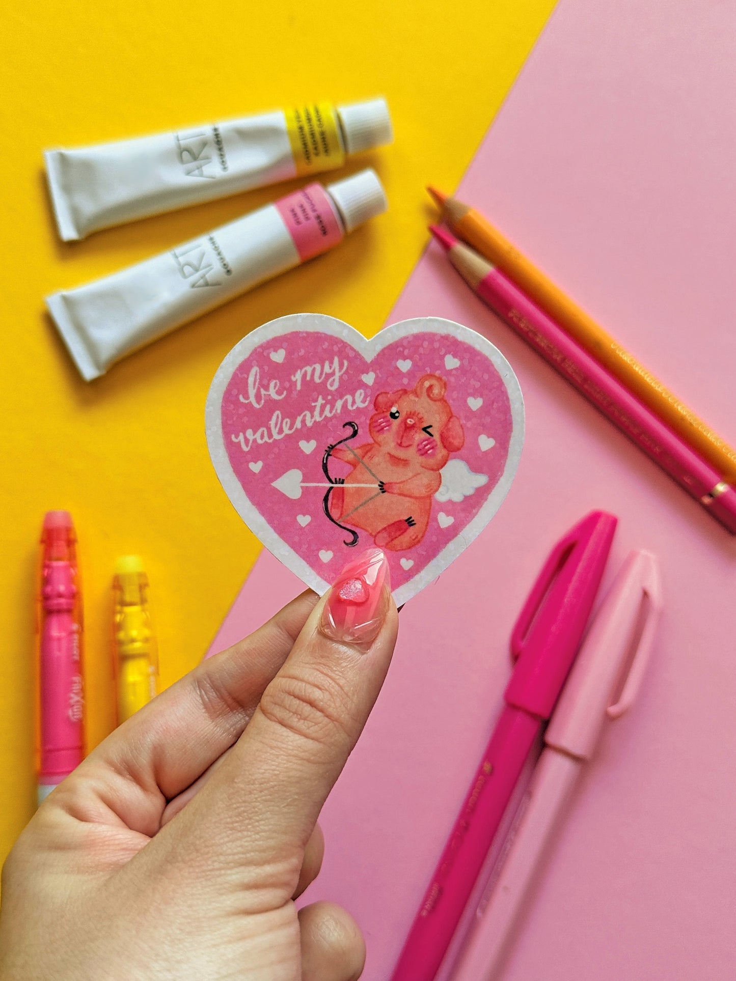 Be my Valentine Cupig | Guinea Pig Cupid | Holographic Glitter cute pink valentine stickers, stationery, kawaii art, animal