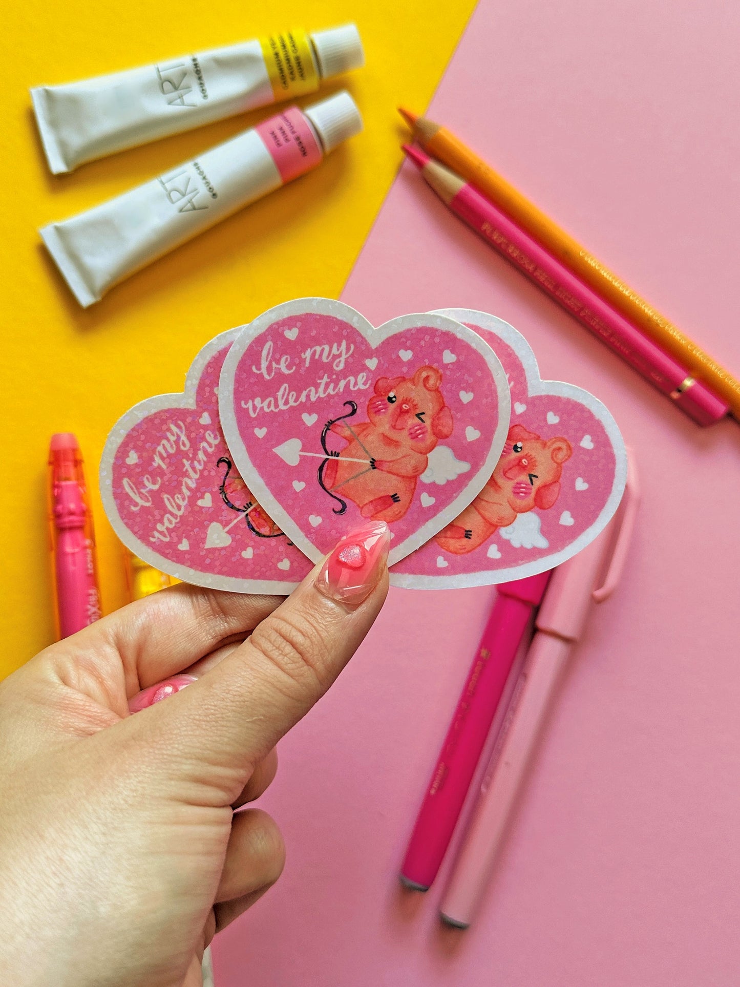 Be my Valentine Cupig | Guinea Pig Cupid | Holographic Glitter cute pink valentine stickers, stationery, kawaii art, animal