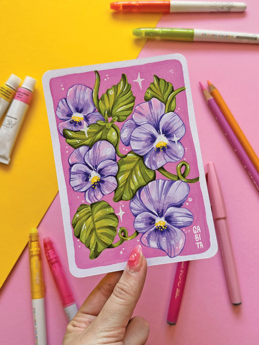 Purple Pansy Original Artwork A6, Acrylic Marker, Colored Pencil, Handmade, Hand Drawn Flower Art, Colorful Botanical Drawing, Art Gift
