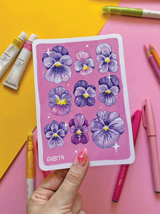 Purple Pansy Original Artwork A6, Acrylic Marker, Colored Pencil, Handmade, Hand Drawn Flower Art, Colorful Botanical Drawing, Art Gift