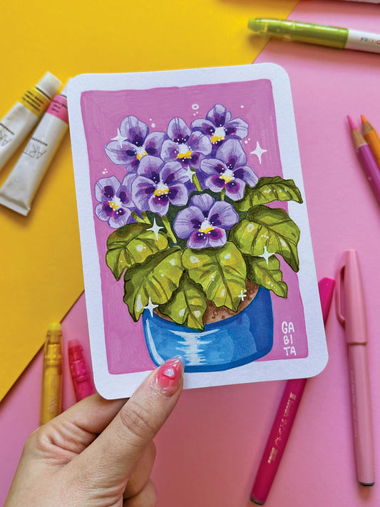 Purple Pansy Original Artwork A6, Acrylic Marker, Colored Pencil, Handmade, Hand Drawn Flower Art, Colorful Botanical Drawing, Art Gift
