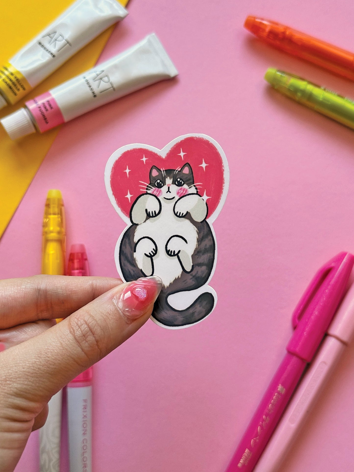 I love my Cat | Tabby Cat Cute Pink Valentine Stickers, Kawaii Art, Heart Stationery, Pet Lover Gift