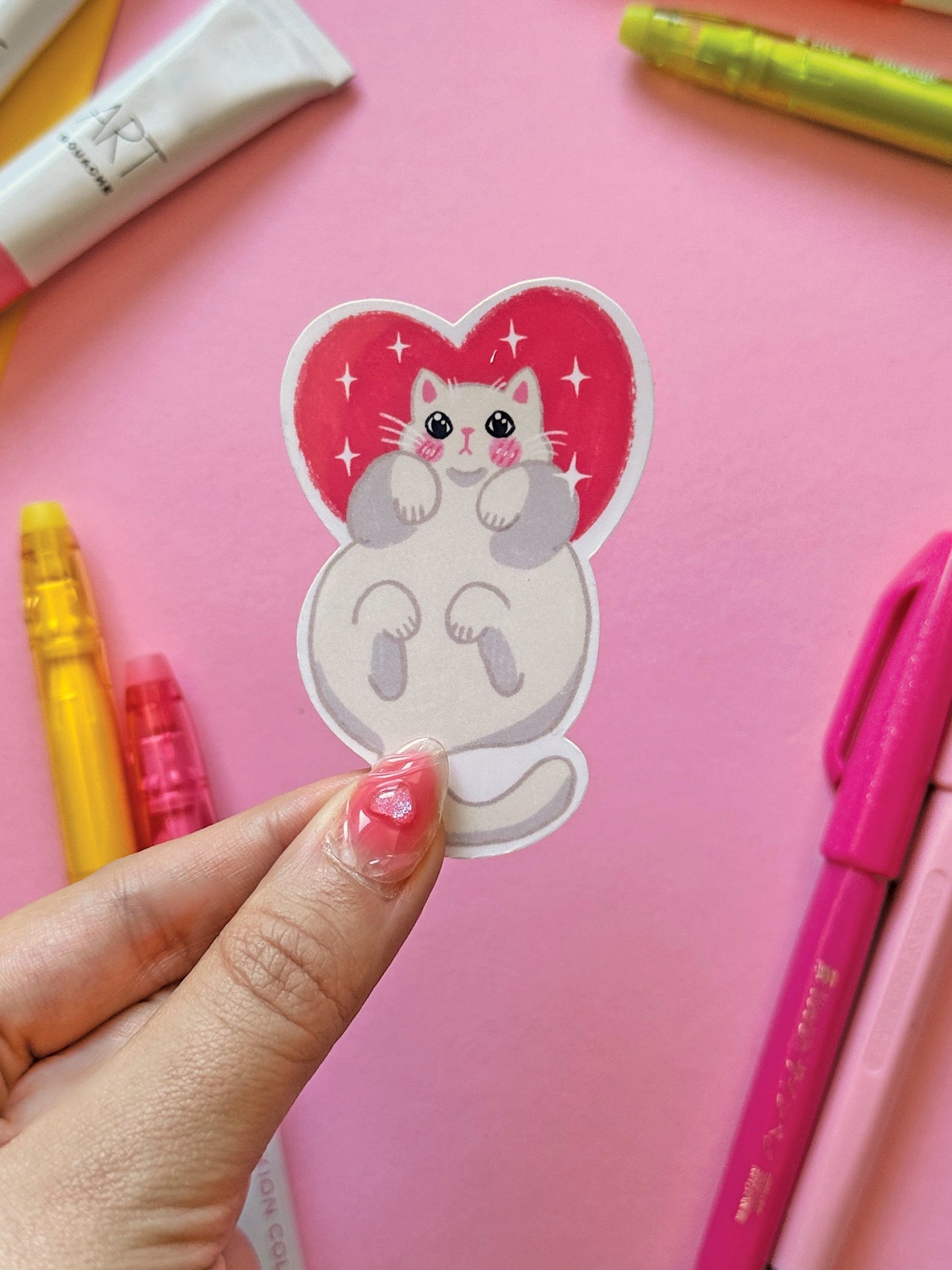I love my Cat | White Cat Cute Pink Valentine Stickers, Kawaii Art, Heart Stationery, Pet Lover Gift