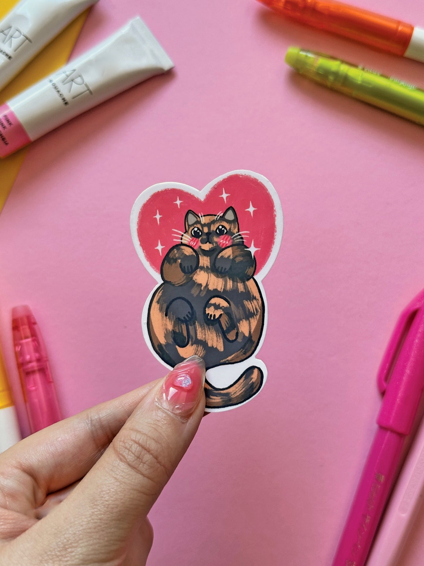I love my Cat | Tortie Cat Cute Pink Valentine Stickers, Kawaii Art, Heart Stationery, Pet Lover Gift