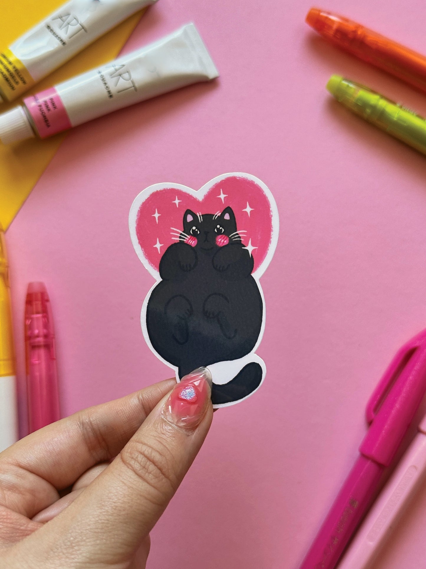 I love my Cat | Black Cat Cute Pink Valentine Stickers, Kawaii Art, Heart Stationery, Pet Lover Gift