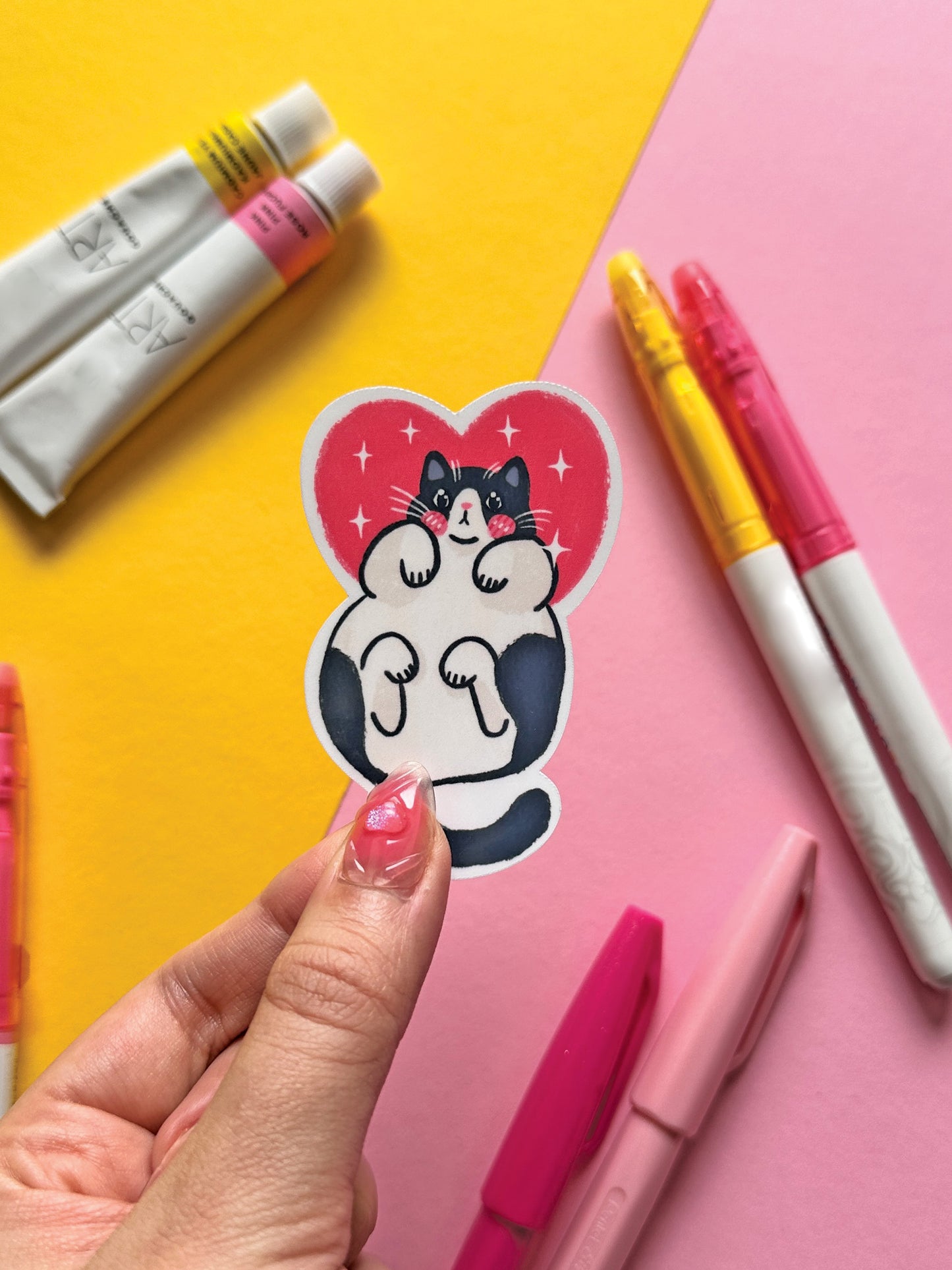 I love my Cat | Tuxedo Cat Cute Pink Valentine Stickers, Kawaii Art, Heart Stationery, Pet Lover Gift