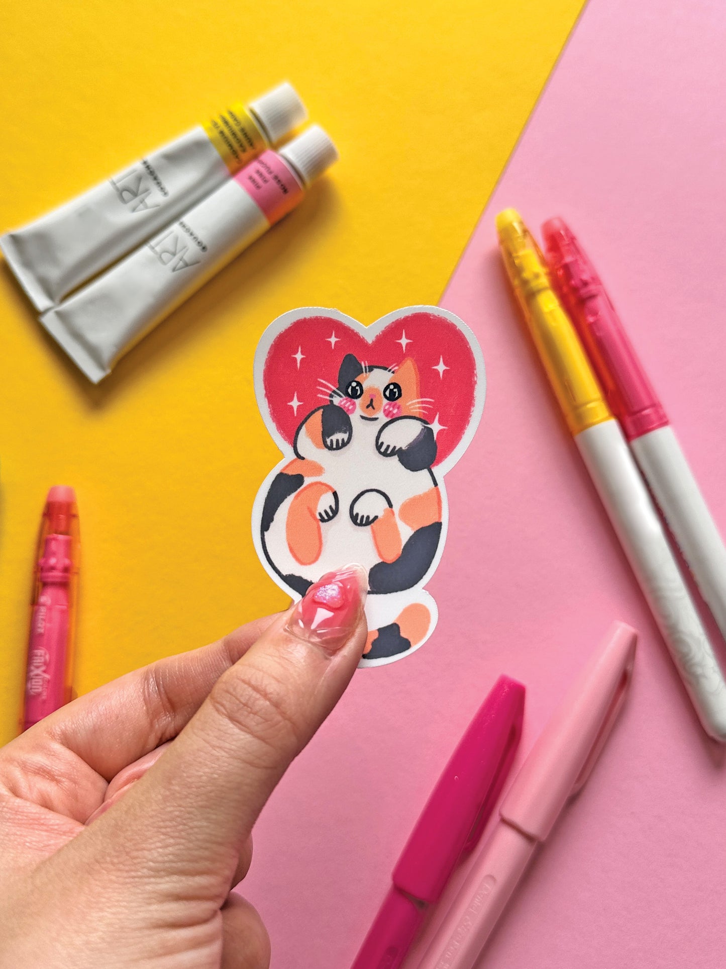 I love my Cat | Tricolor Cat Cute Pink Valentine Stickers, Kawaii Art, Heart Stationery, Pet Lover Gift