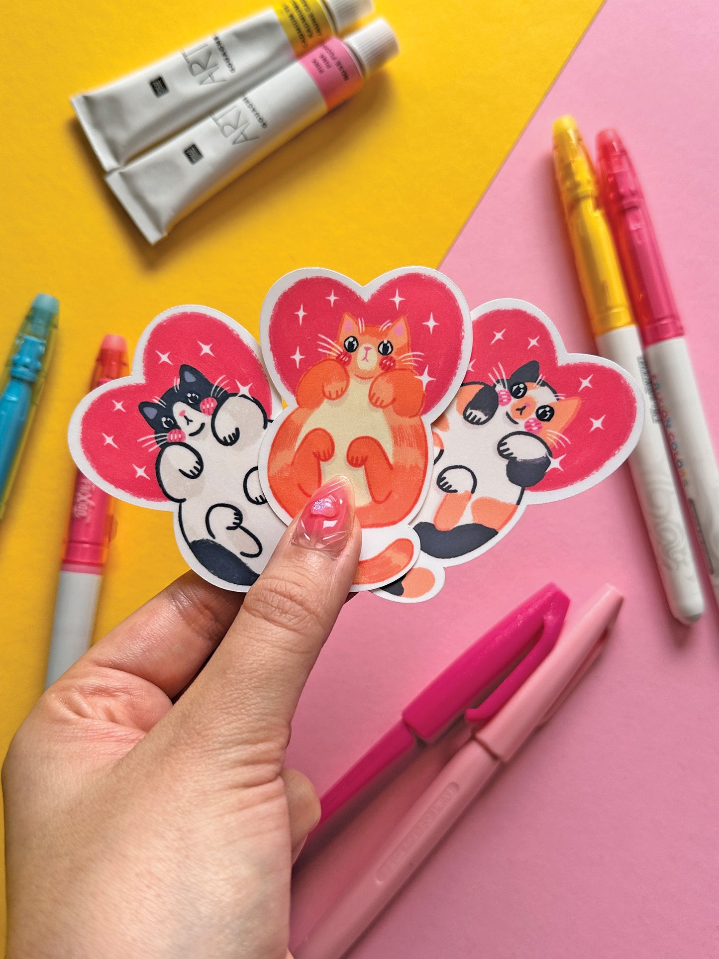 I love my Cat | Orange Cat Cute Pink Valentine Stickers, Kawaii Art, Heart Stationery, Pet Lover Gift