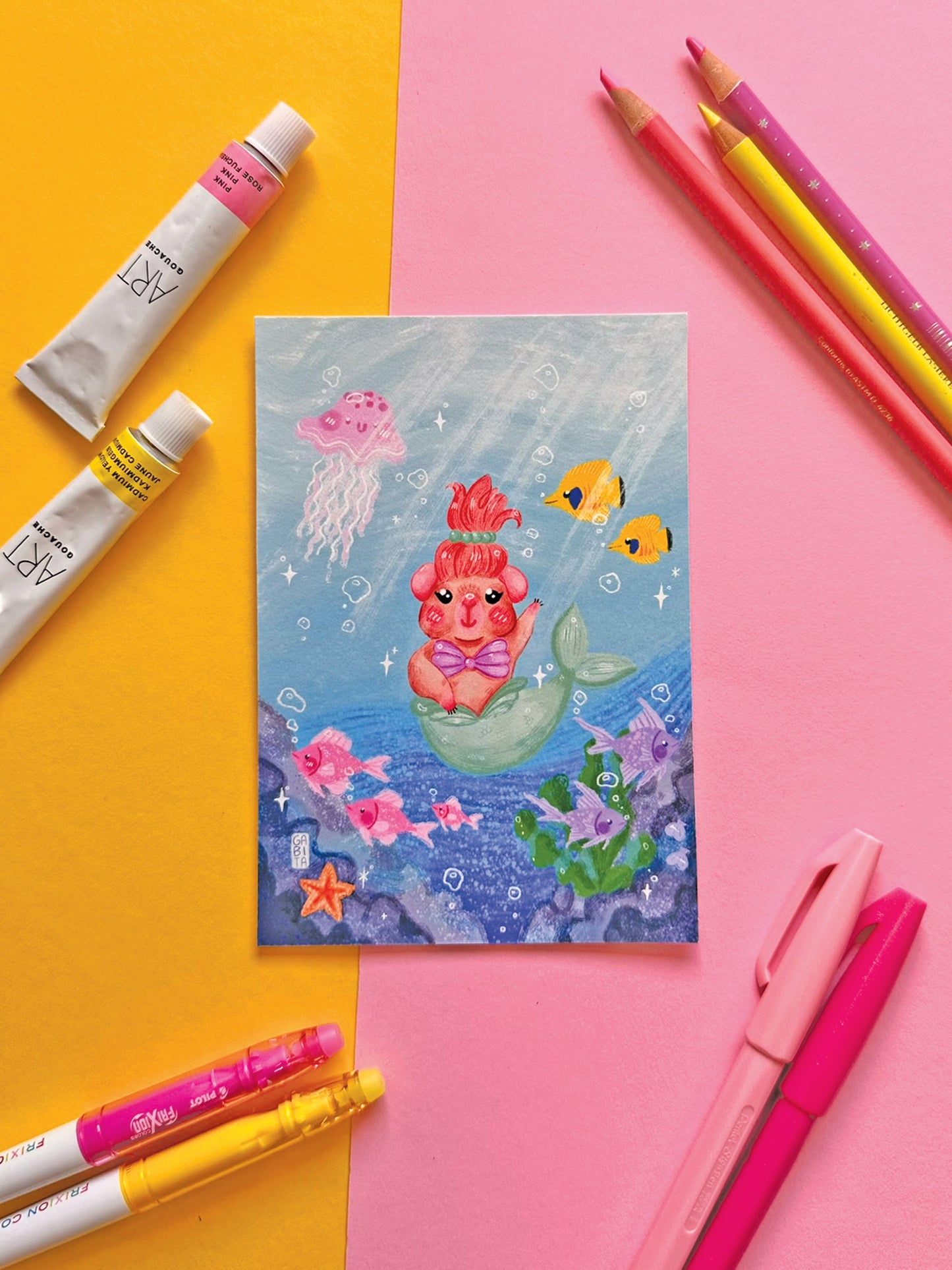Whimsical Mermaid Guinea Pig Art Print, Adorable Hand-Drawn Illustration, Under the Sea Art