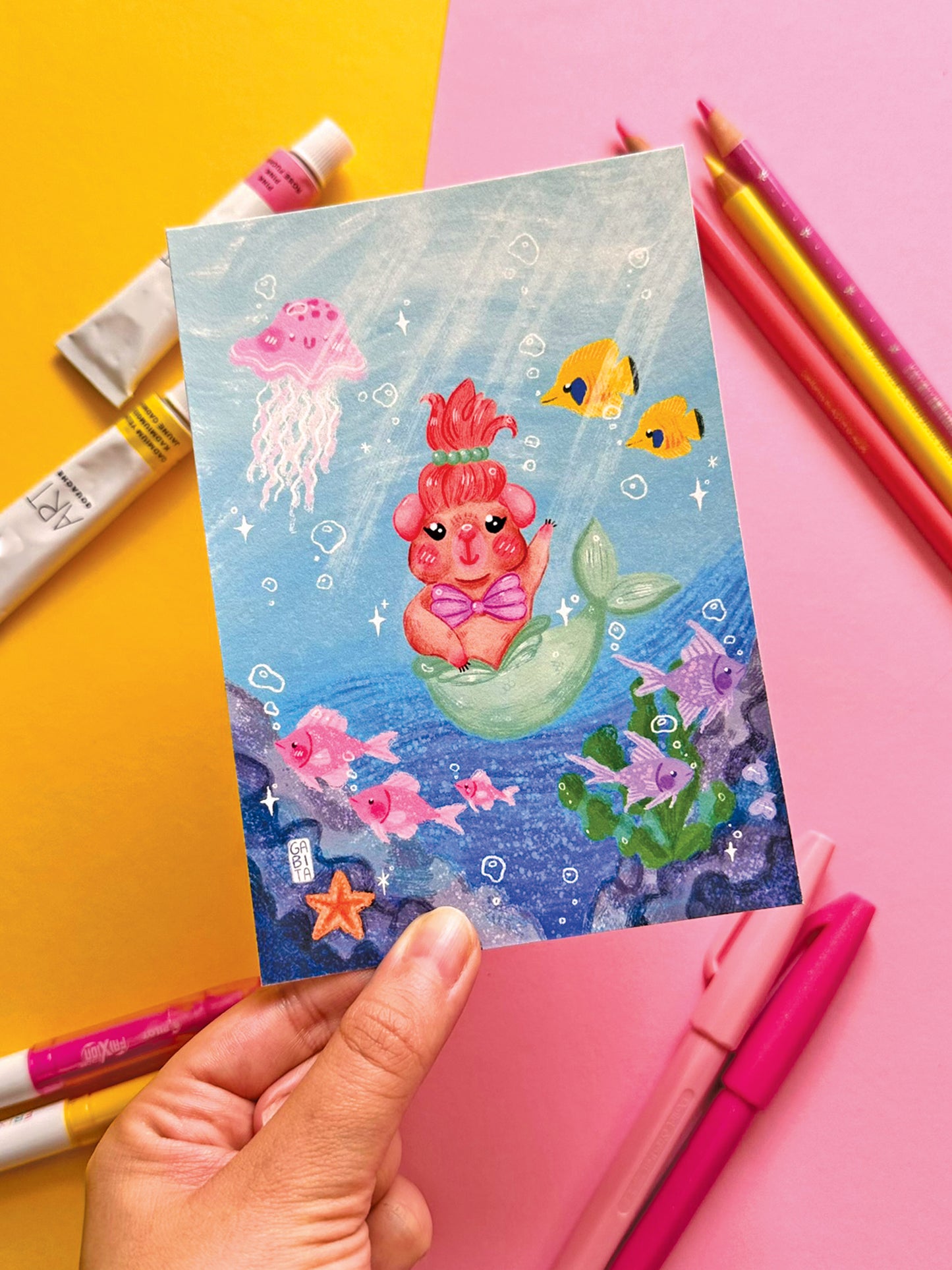 Whimsical Mermaid Guinea Pig Art Print, Adorable Hand-Drawn Illustration, Under the Sea Art