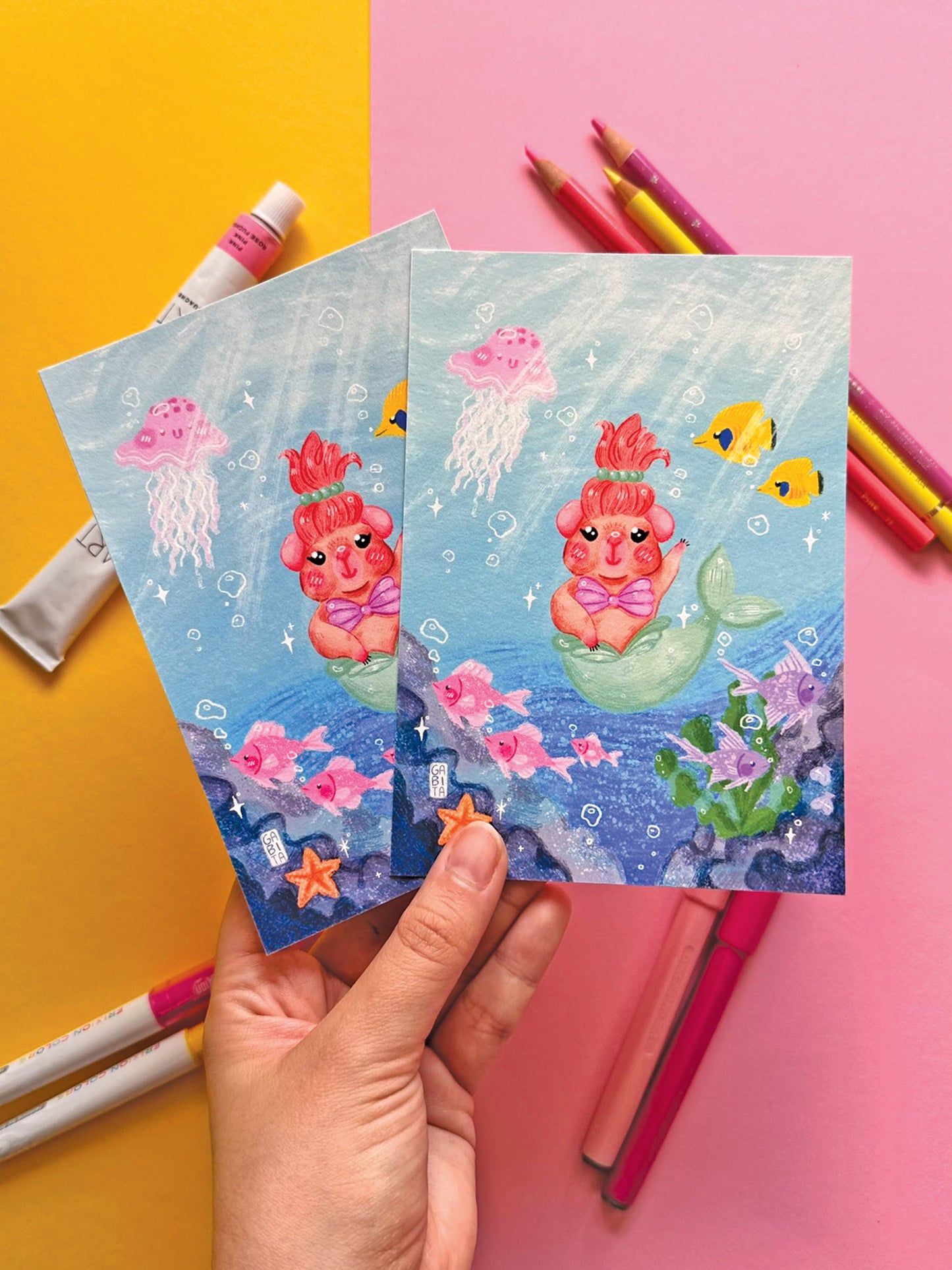 Whimsical Mermaid Guinea Pig Art Print, Adorable Hand-Drawn Illustration, Under the Sea Art