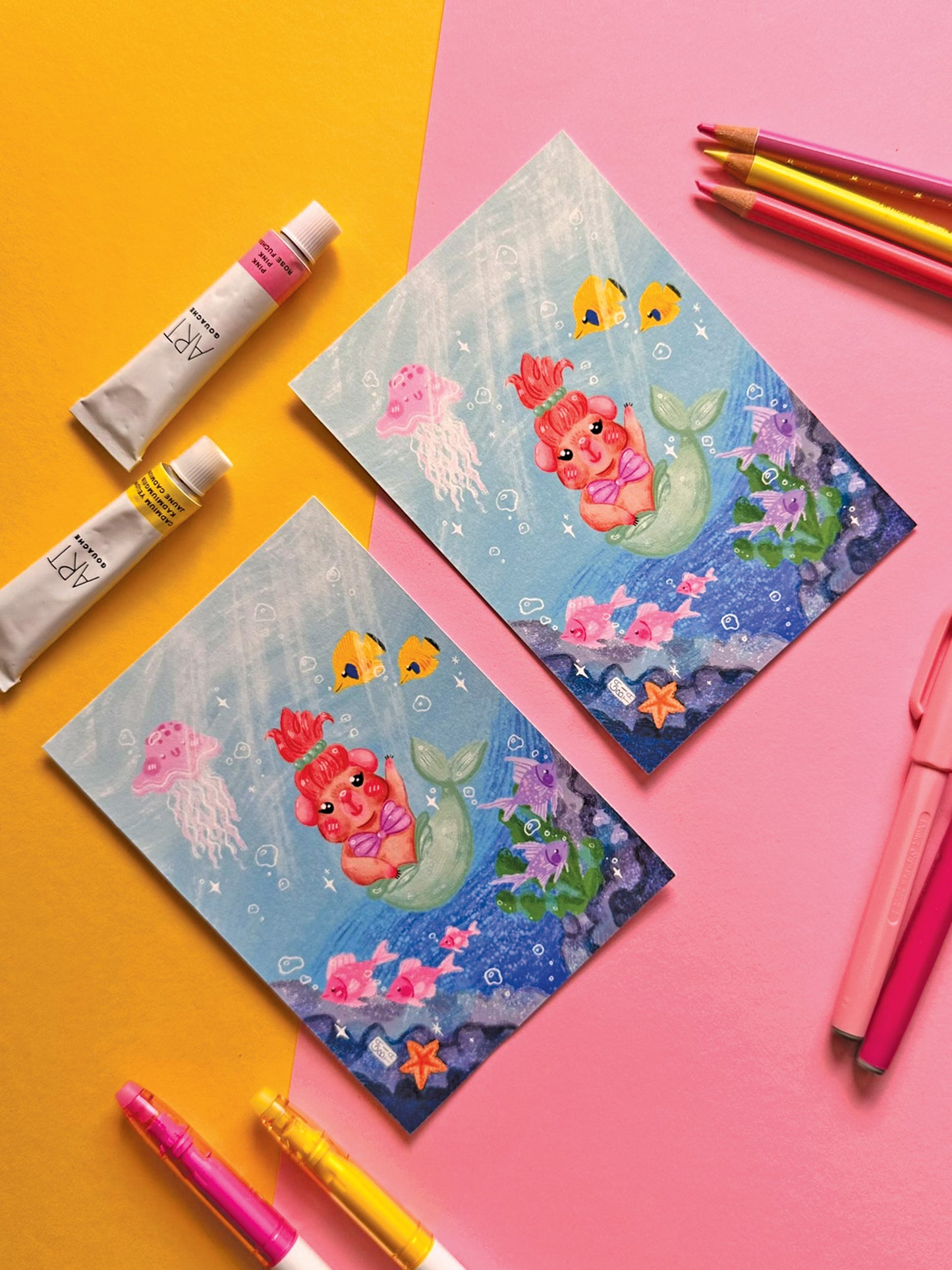 Whimsical Mermaid Guinea Pig Art Print, Adorable Hand-Drawn Illustration, Under the Sea Art