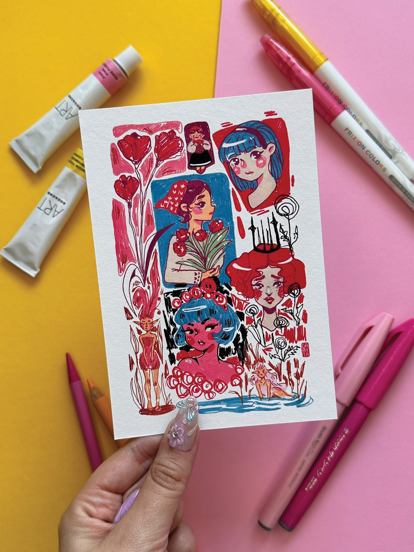 Mystical Girls A6 Print - Colorful Whimsical Illustration on Fine Art Paper - Fantasy Fairy Art