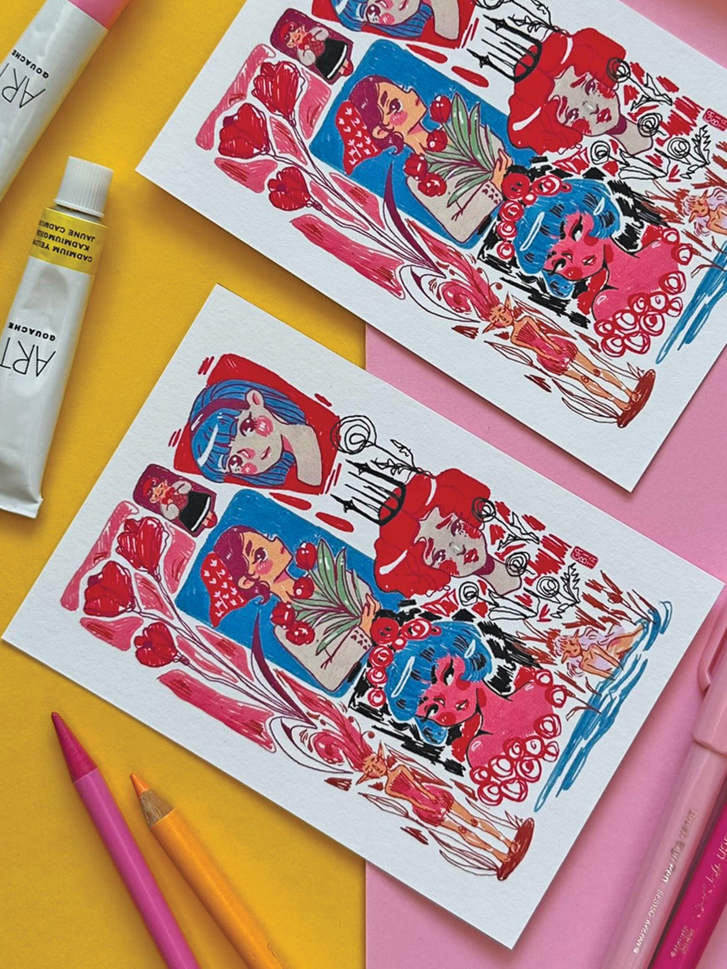 Mystical Girls A6 Print - Colorful Whimsical Illustration on Fine Art Paper - Fantasy Fairy Art