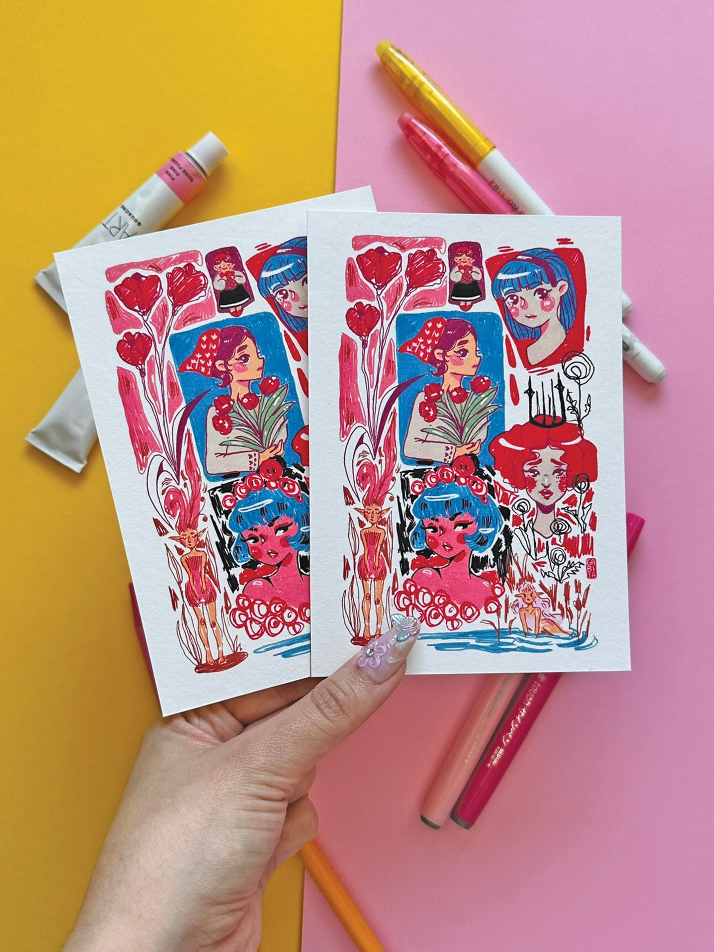 Mystical Girls A6 Print - Colorful Whimsical Illustration on Fine Art Paper - Fantasy Fairy Art