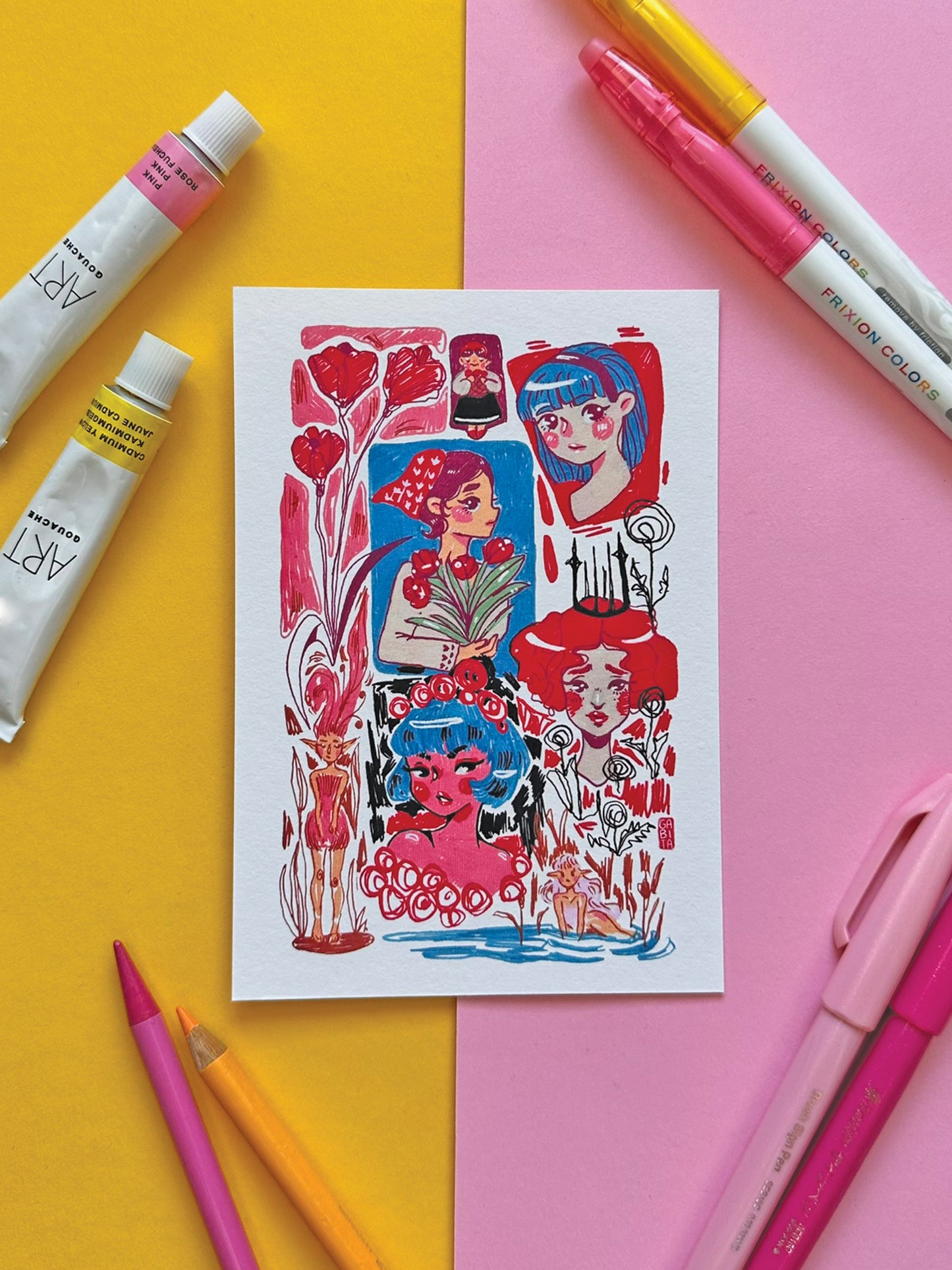 Mystical Girls A6 Print - Colorful Whimsical Illustration on Fine Art Paper - Fantasy Fairy Art