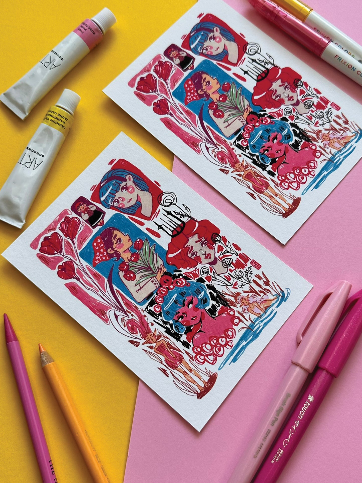 Mystical Girls A6 Print - Colorful Whimsical Illustration on Fine Art Paper - Fantasy Fairy Art