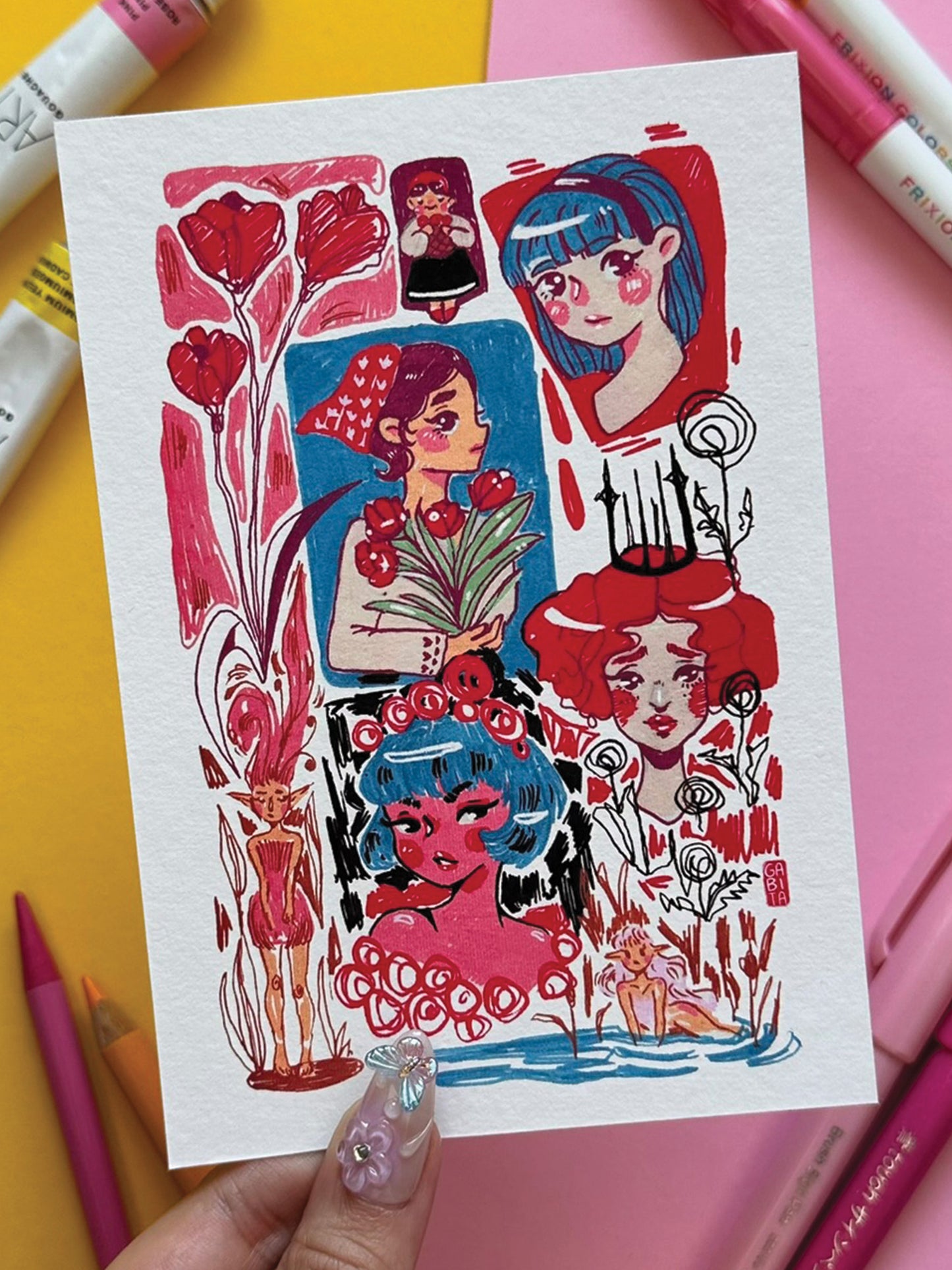 Mystical Girls A6 Print - Colorful Whimsical Illustration on Fine Art Paper - Fantasy Fairy Art