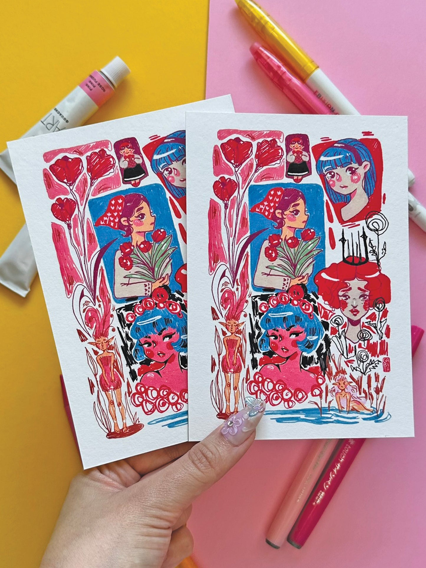 Mystical Girls A6 Print - Colorful Whimsical Illustration on Fine Art Paper - Fantasy Fairy Art