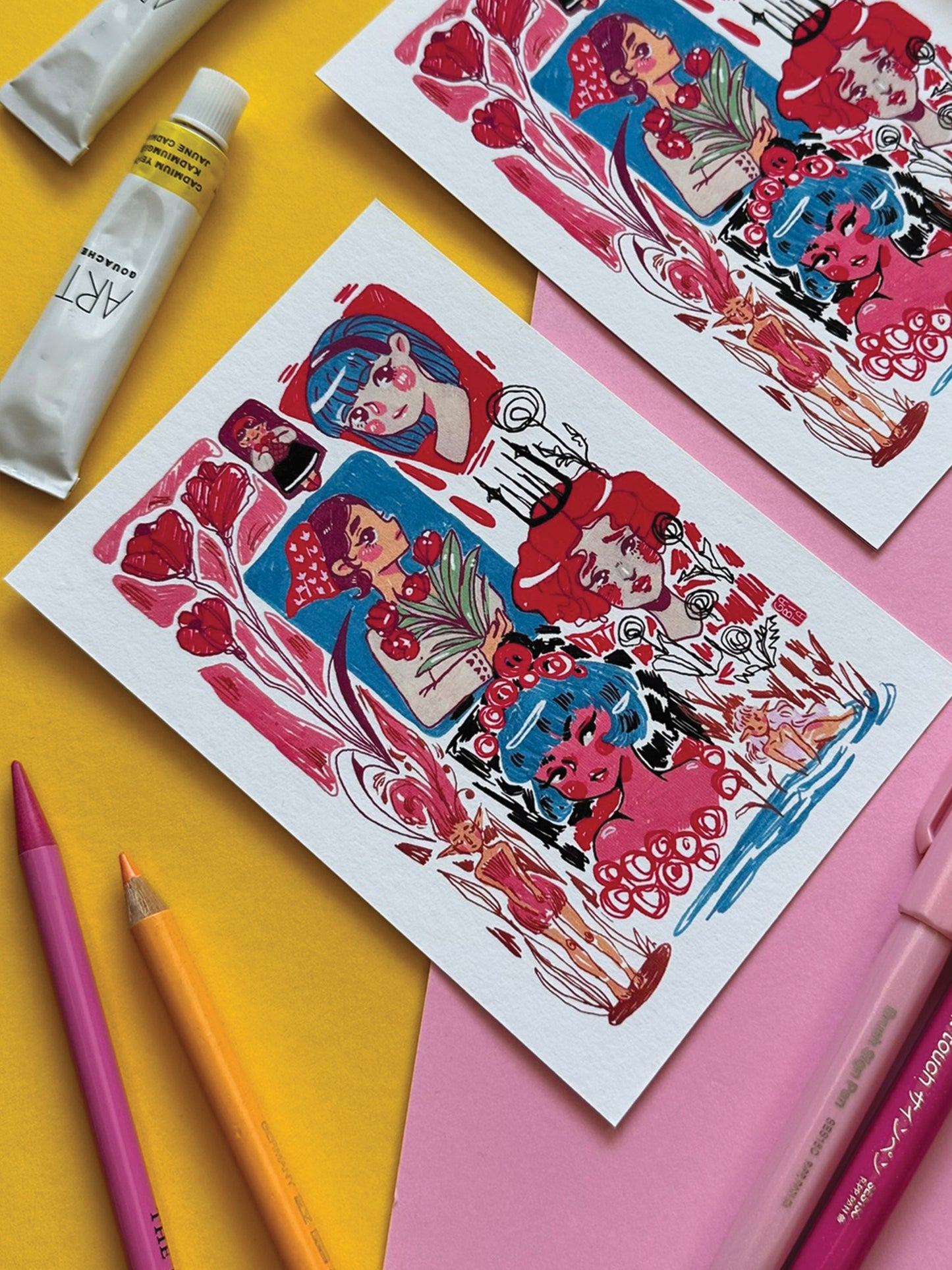 Mystical Girls A6 Print - Colorful Whimsical Illustration on Fine Art Paper - Fantasy Fairy Art