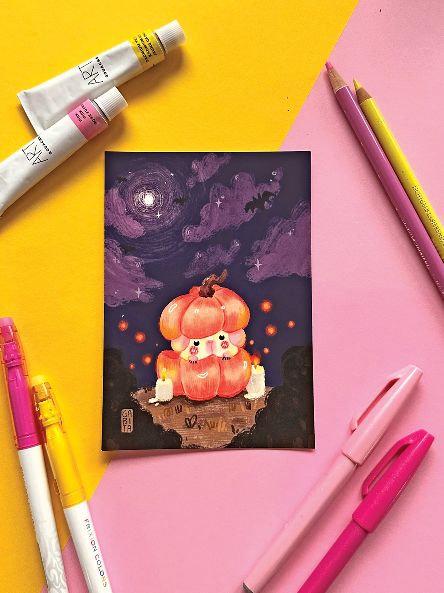 Halloween Pumpkin Guinea Pig Art Print - Cute Hand-Drawn Kawaii Art for Fall