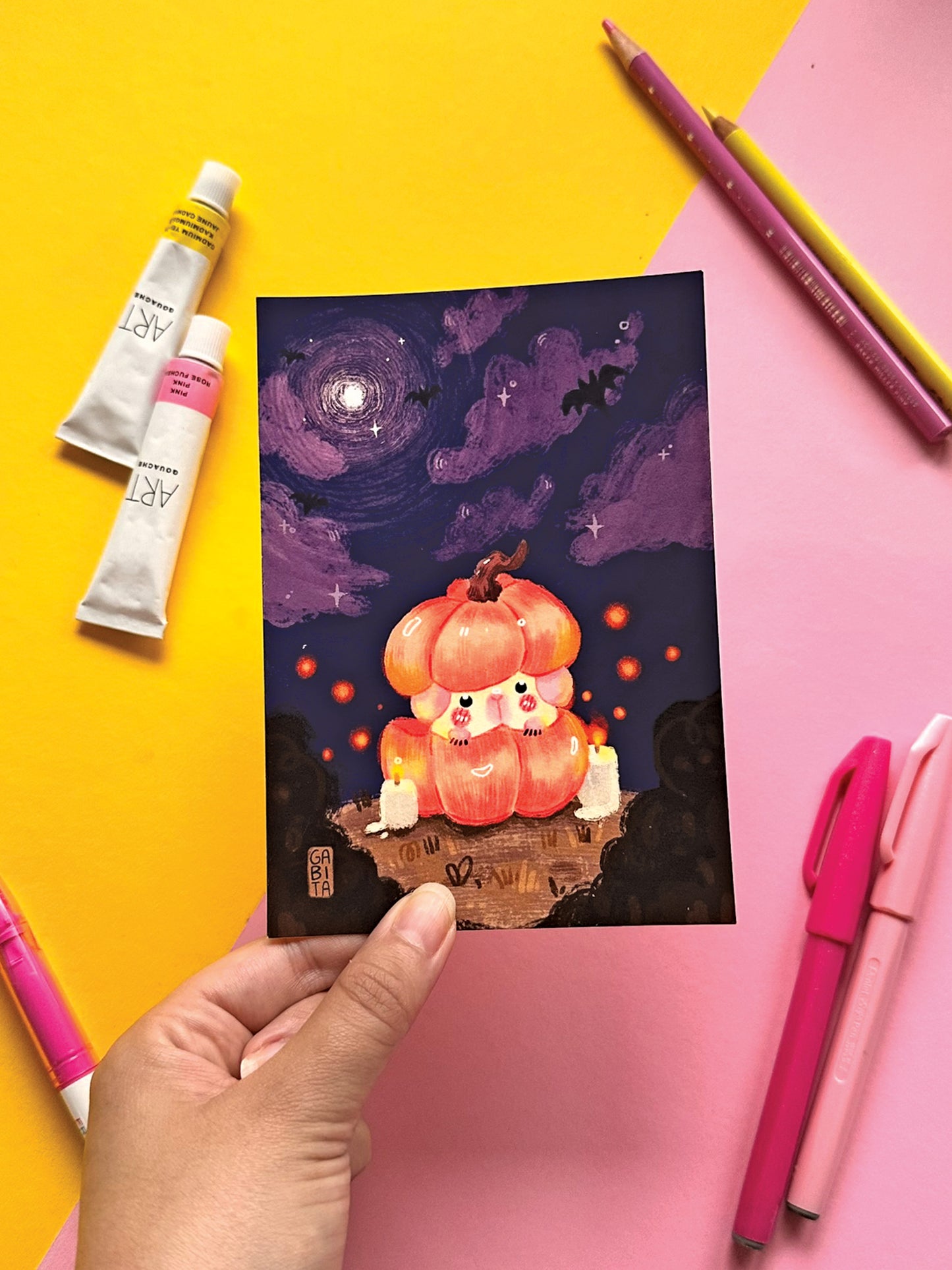 Halloween Pumpkin Guinea Pig Art Print - Cute Hand-Drawn Kawaii Art for Fall