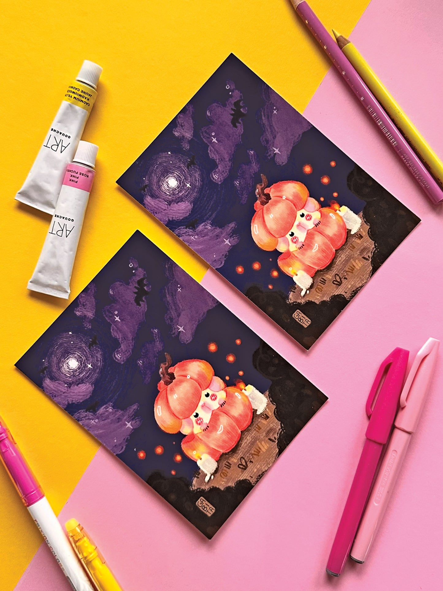 Halloween Pumpkin Guinea Pig Art Print - Cute Hand-Drawn Kawaii Art for Fall