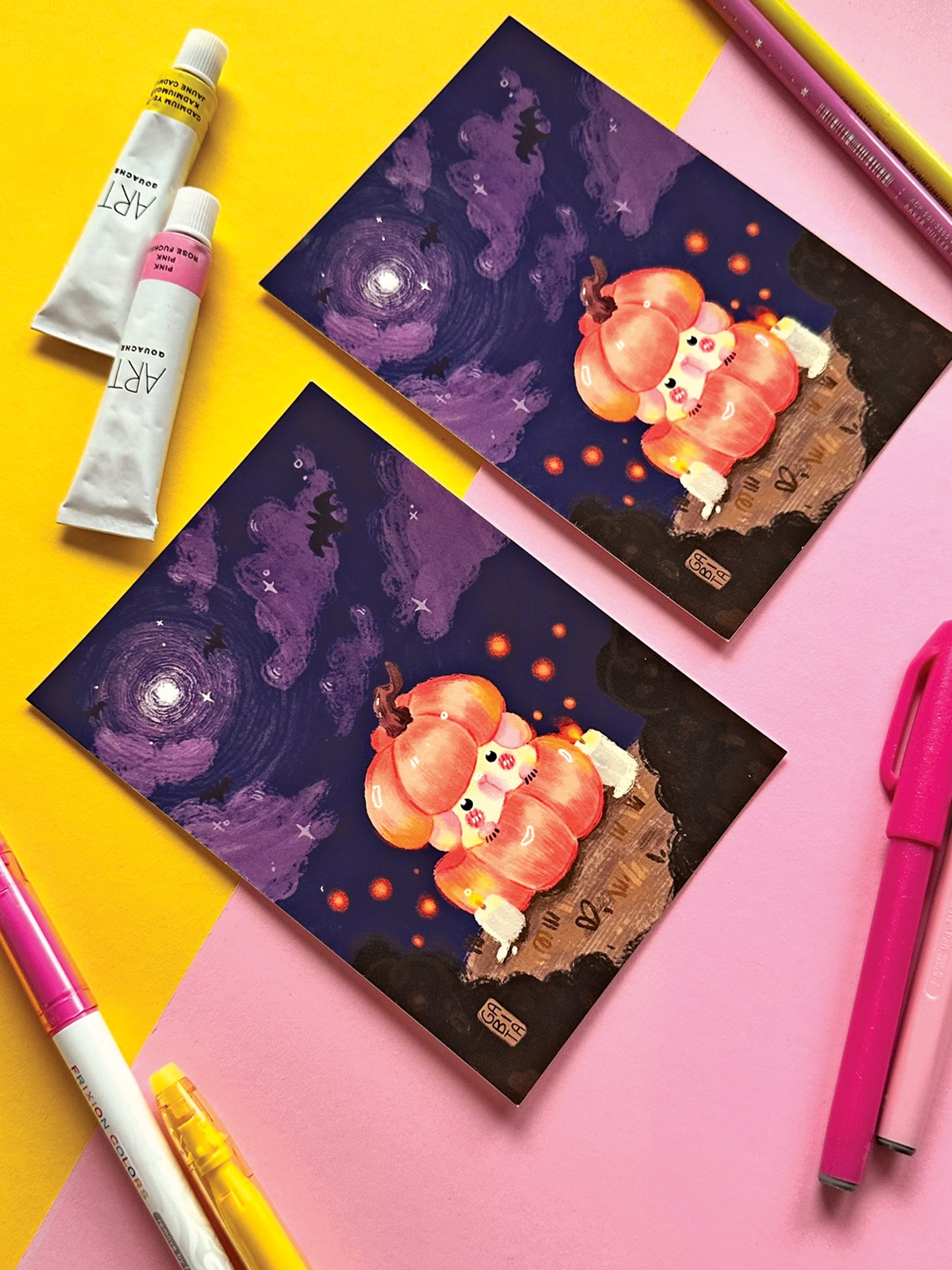 Halloween Pumpkin Guinea Pig Art Print - Cute Hand-Drawn Kawaii Art for Fall