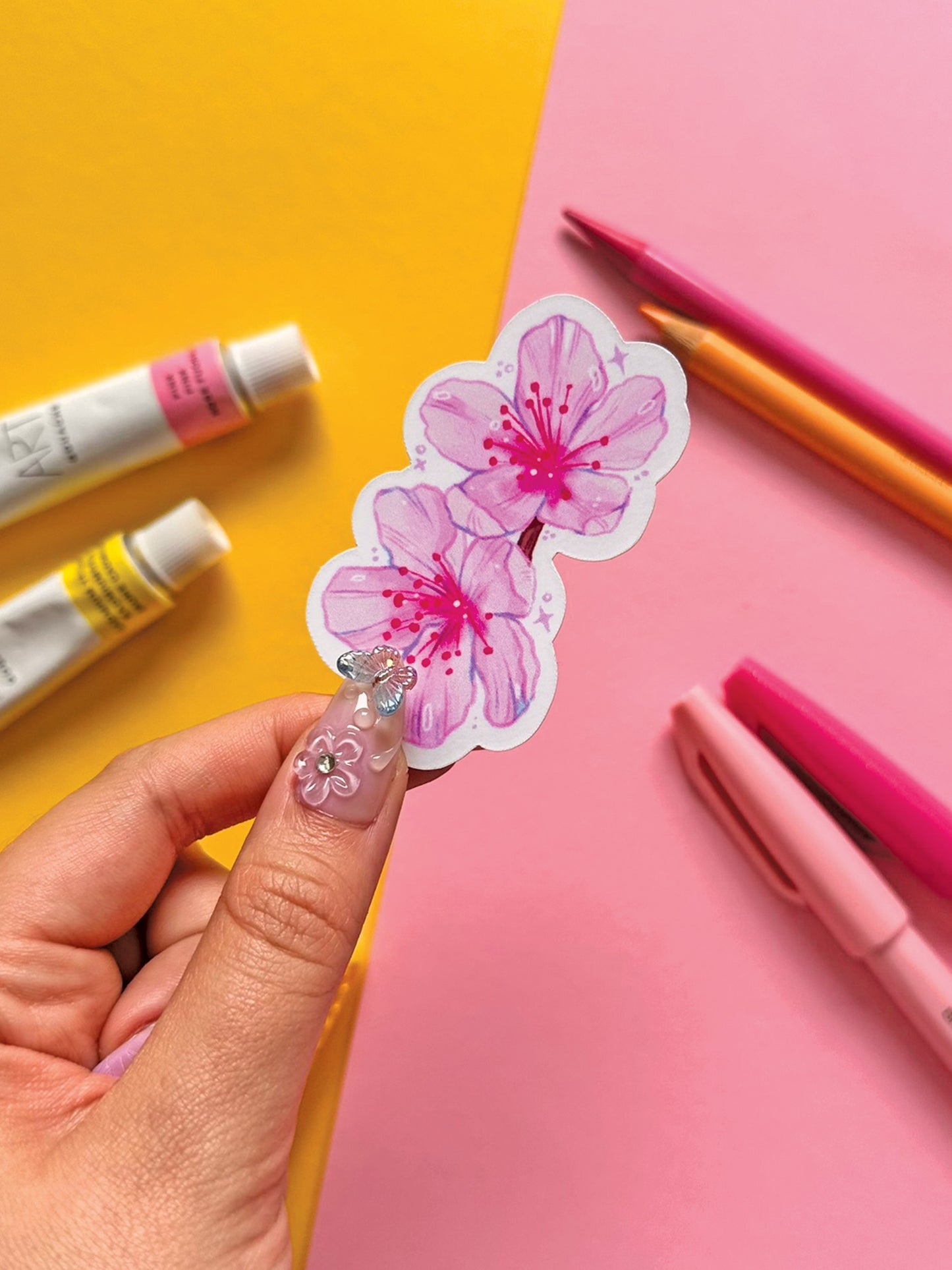 Pink Sakura Blossom Vinyl Sticker - Handmade Cute Stationery Decor - Hand Drawn Floral Art - Cherry Blossom Illustration