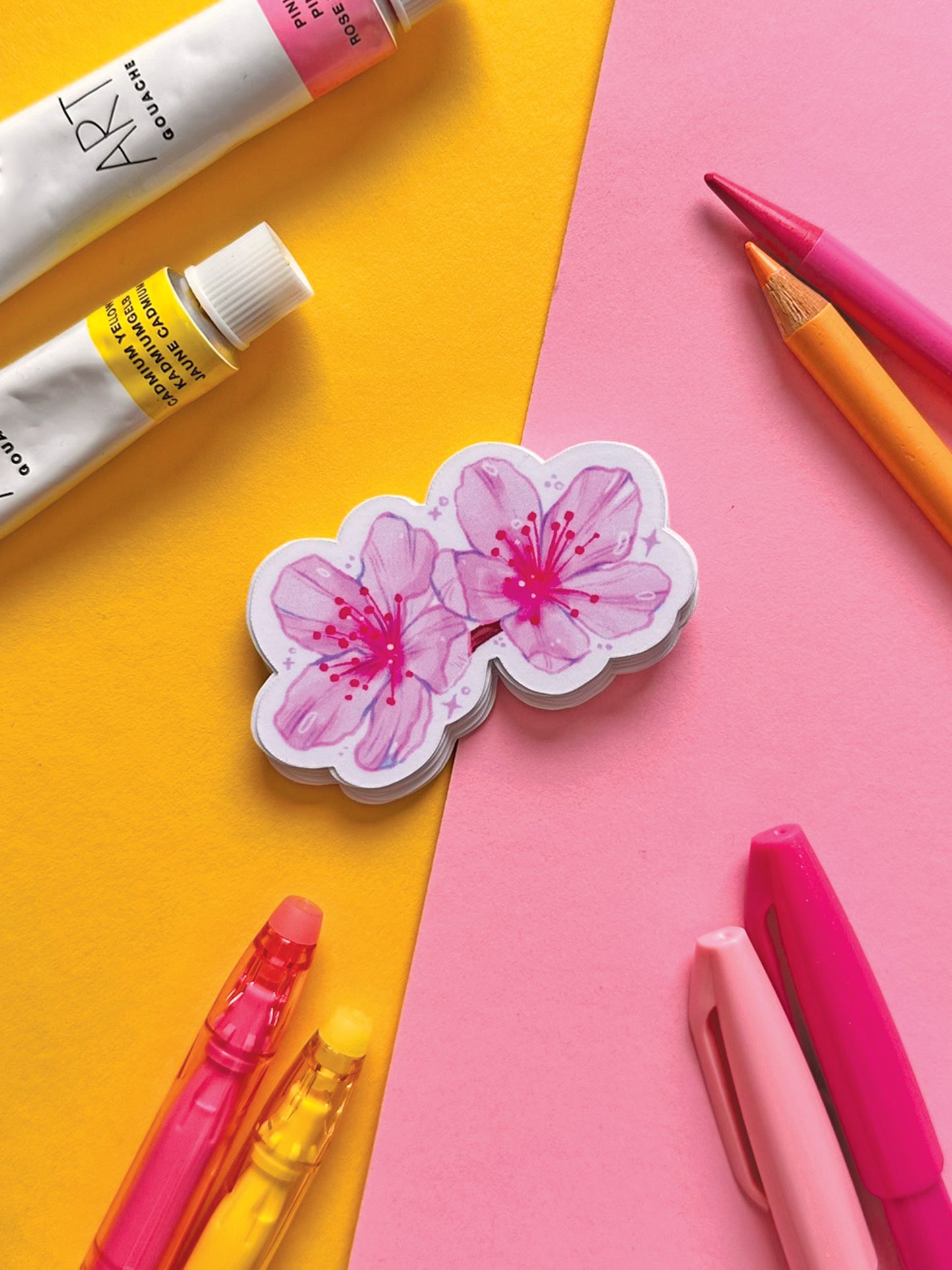 Pink Sakura Blossom Vinyl Sticker - Handmade Cute Stationery Decor - Hand Drawn Floral Art - Cherry Blossom Illustration