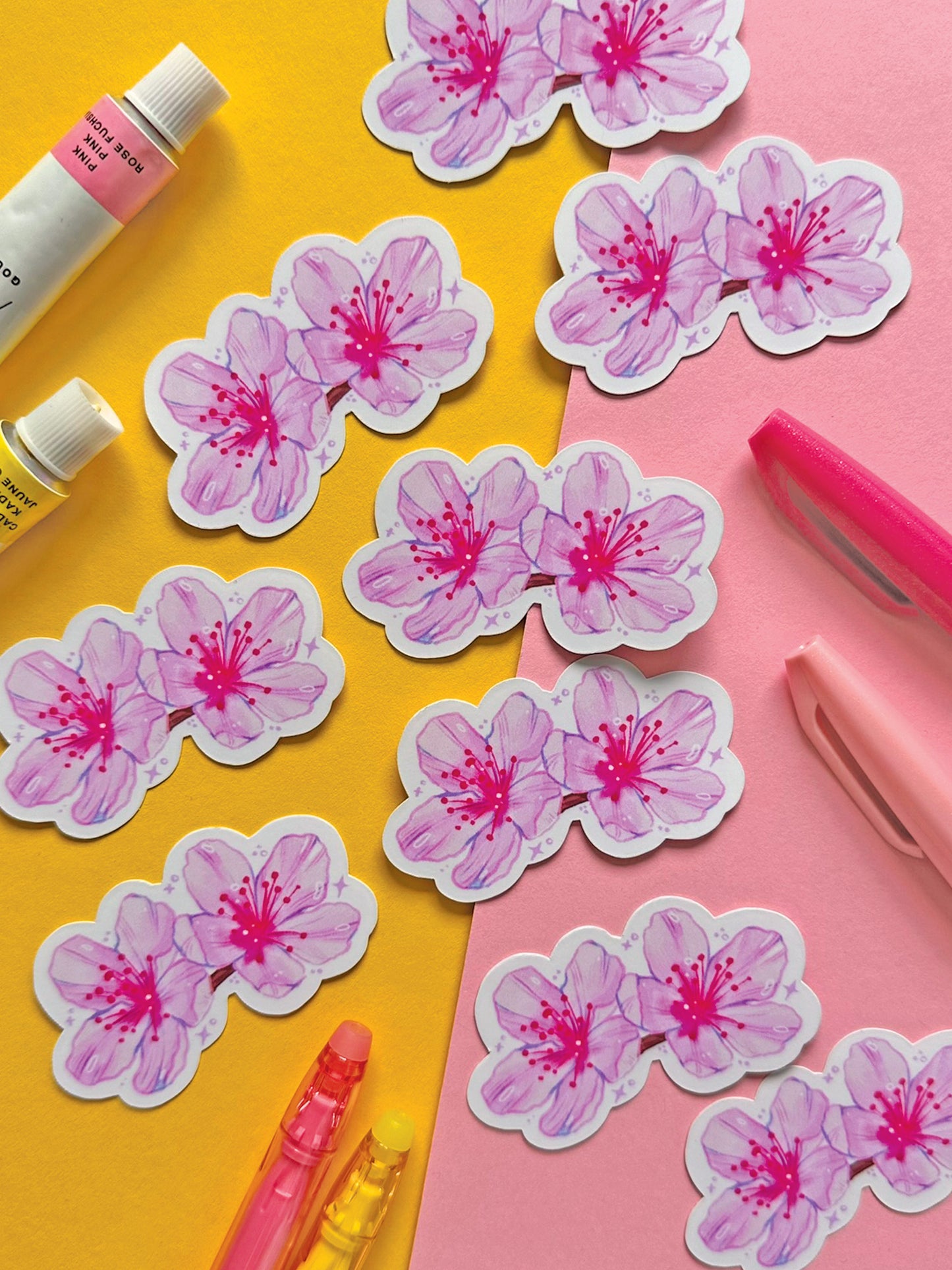 Pink Sakura Blossom Vinyl Sticker - Handmade Cute Stationery Decor - Hand Drawn Floral Art - Cherry Blossom Illustration