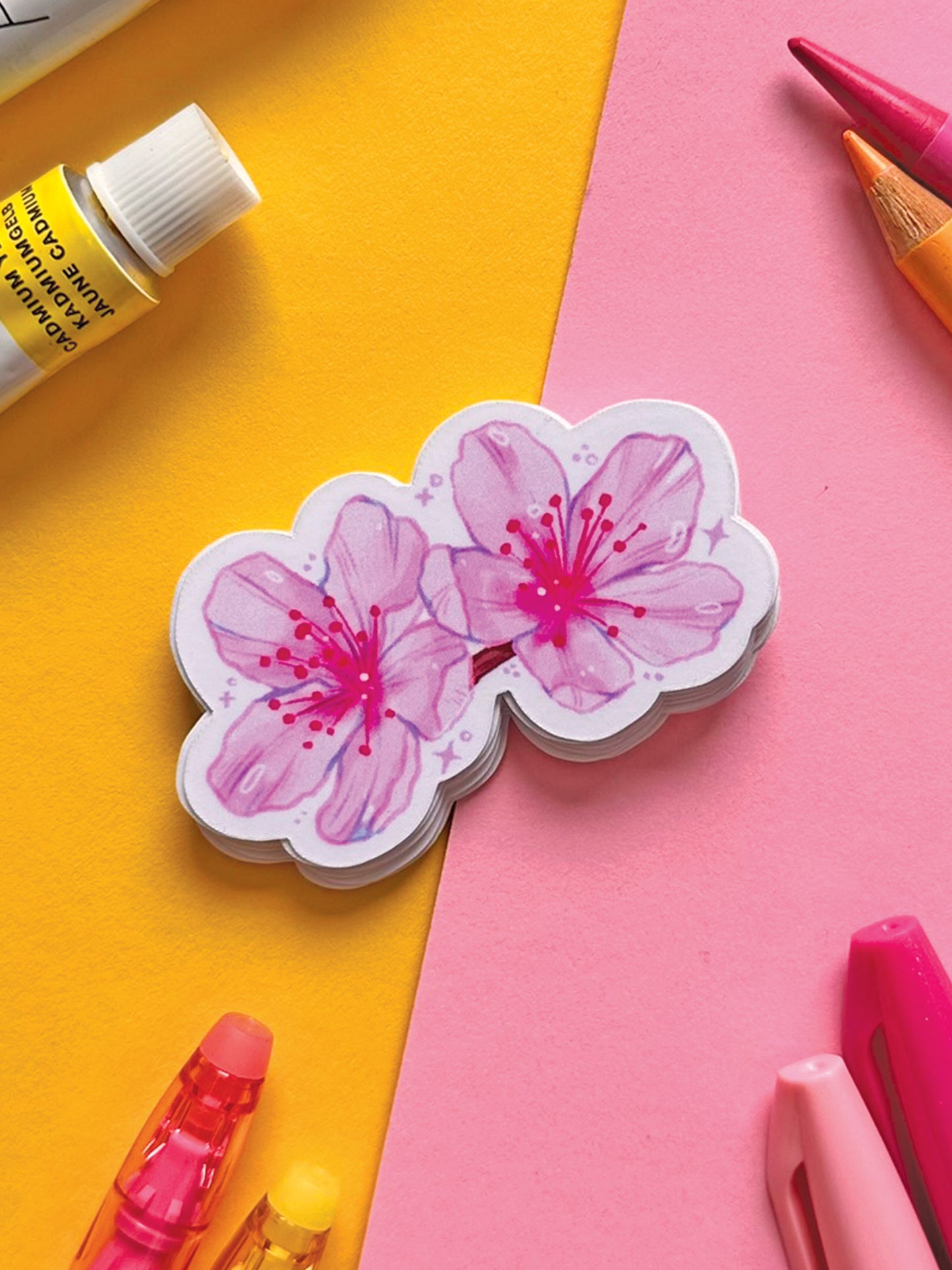 Pink Sakura Blossom Vinyl Sticker - Handmade Cute Stationery Decor - Hand Drawn Floral Art - Cherry Blossom Illustration