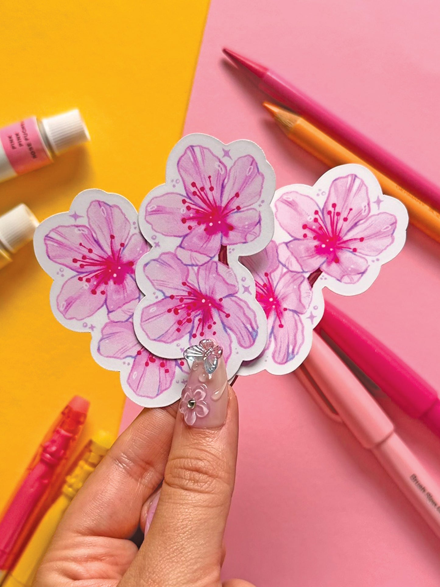 Pink Sakura Blossom Vinyl Sticker - Handmade Cute Stationery Decor - Hand Drawn Floral Art - Cherry Blossom Illustration