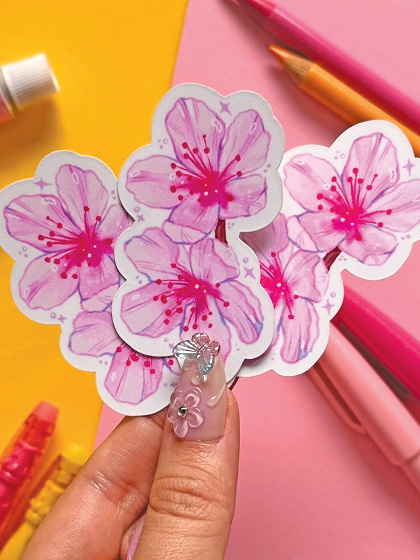 Pink Sakura Blossom Vinyl Sticker - Handmade Cute Stationery Decor - Hand Drawn Floral Art - Cherry Blossom Illustration