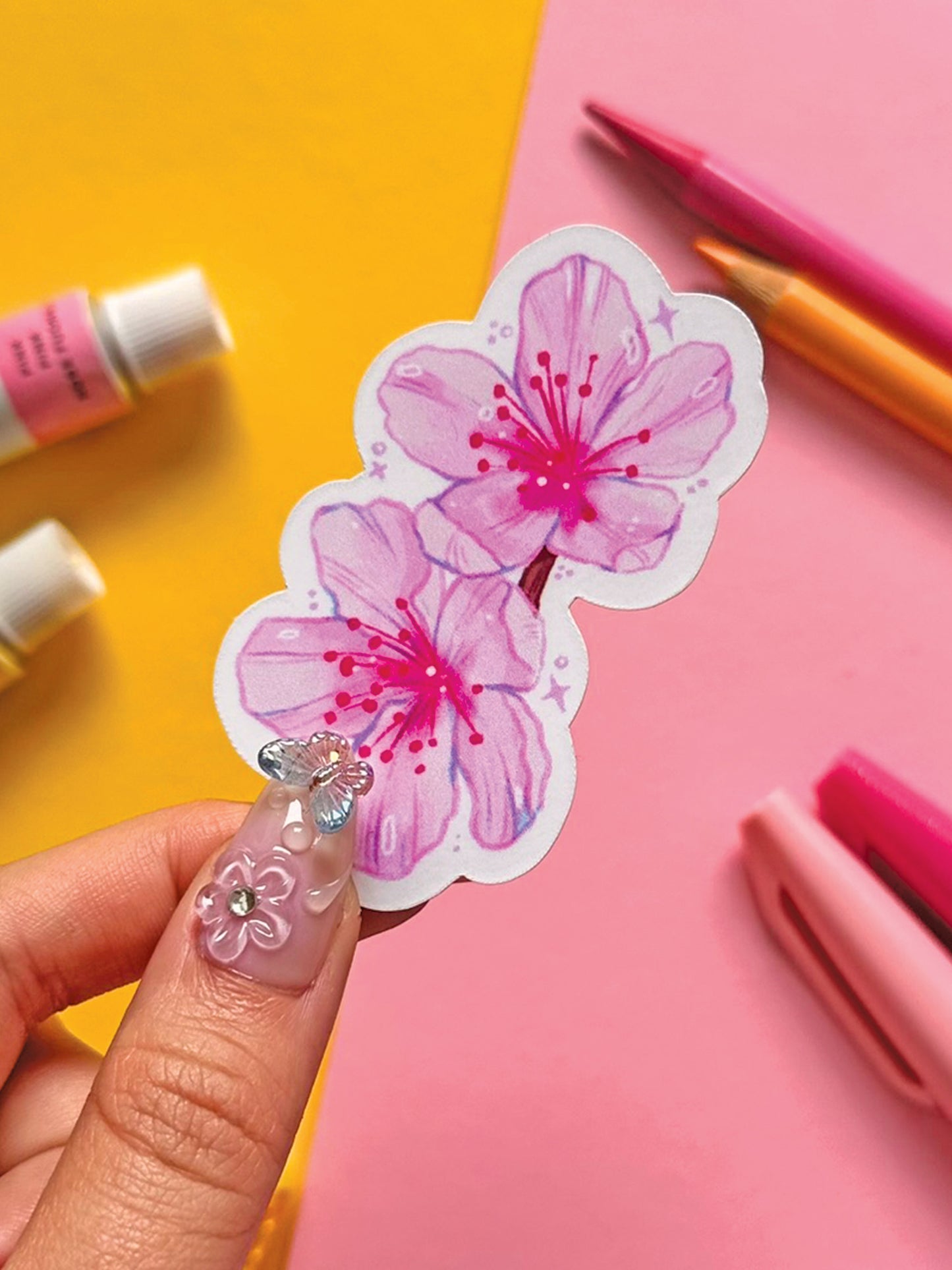 Pink Sakura Blossom Vinyl Sticker - Handmade Cute Stationery Decor - Hand Drawn Floral Art - Cherry Blossom Illustration