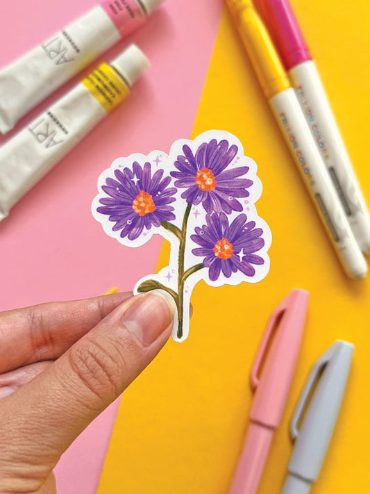 Purple Aster Flower Vinyl Sticker: Handmade Stationery