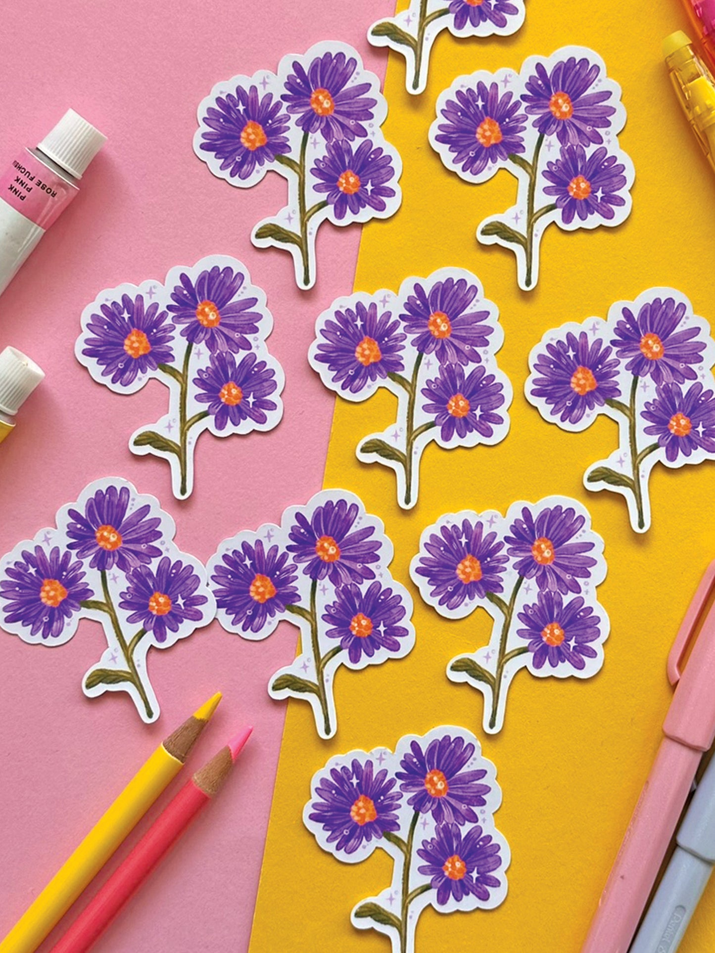 Purple Aster Flower Vinyl Sticker: Handmade Stationery