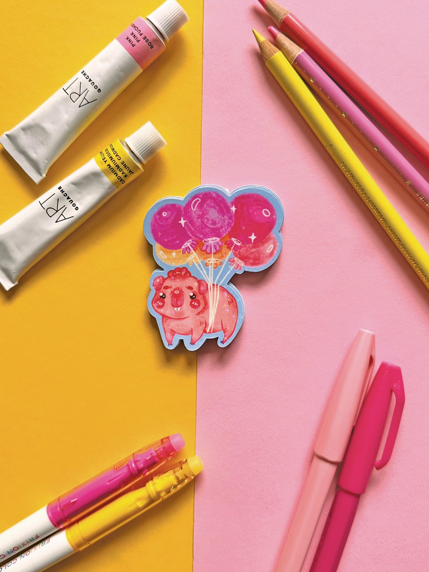 Kawaii Guinea Pig Sticker with Balloons, Holographic Glitter Vinyl Decal for Stationery Decor