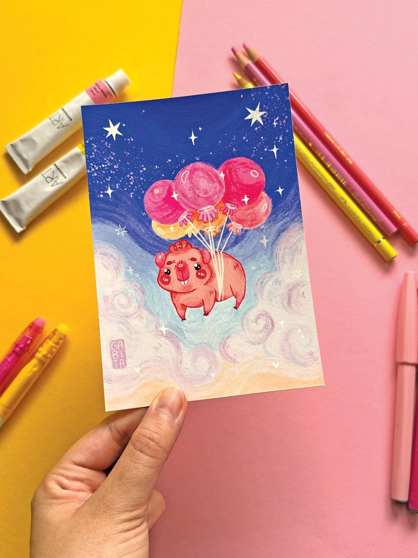 Kawaii Guinea Pig with Balloons Art Print, Adorable Hand-Drawn Illustration