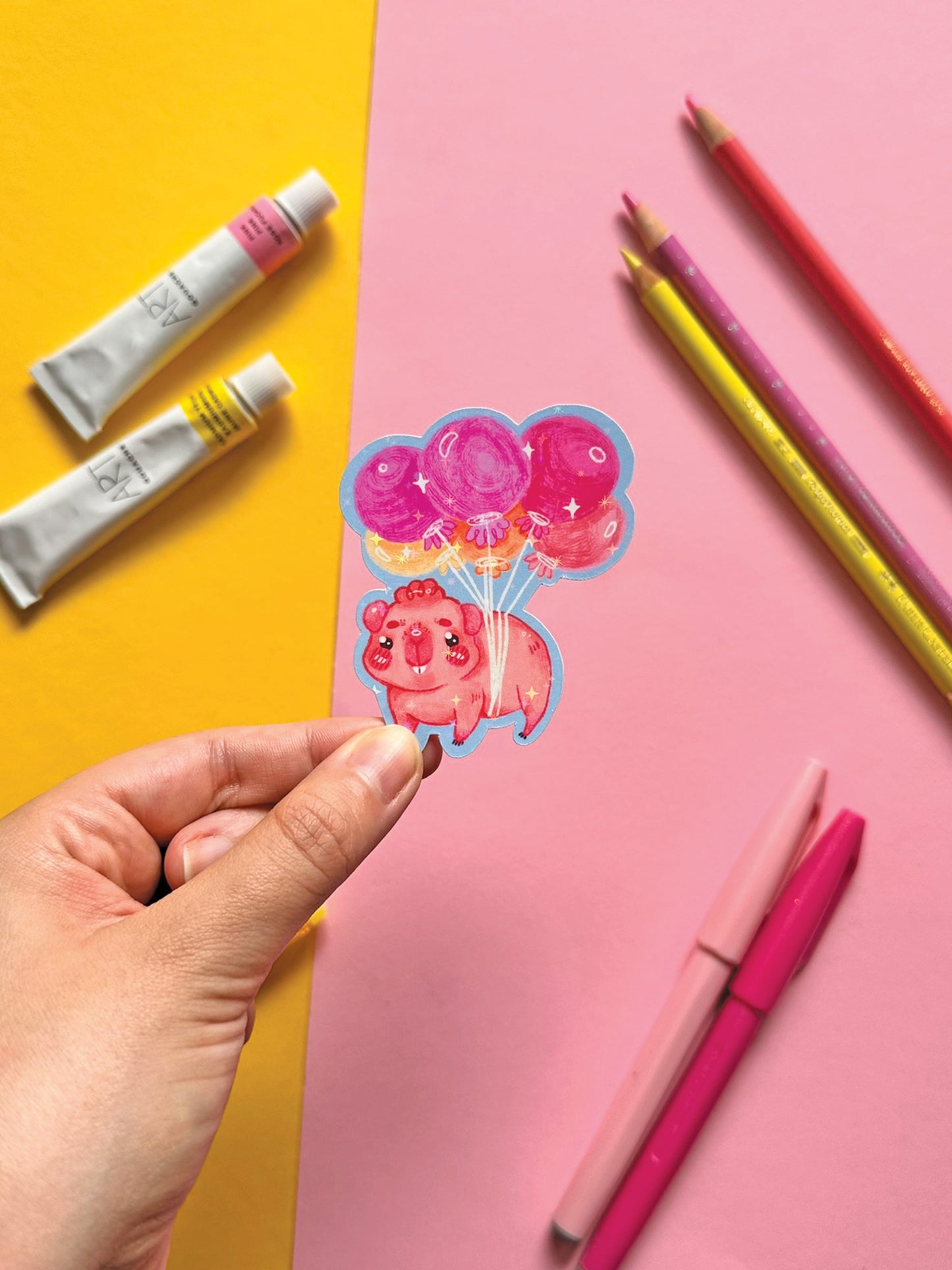 Kawaii Guinea Pig Sticker with Balloons, Holographic Glitter Vinyl Decal for Stationery Decor