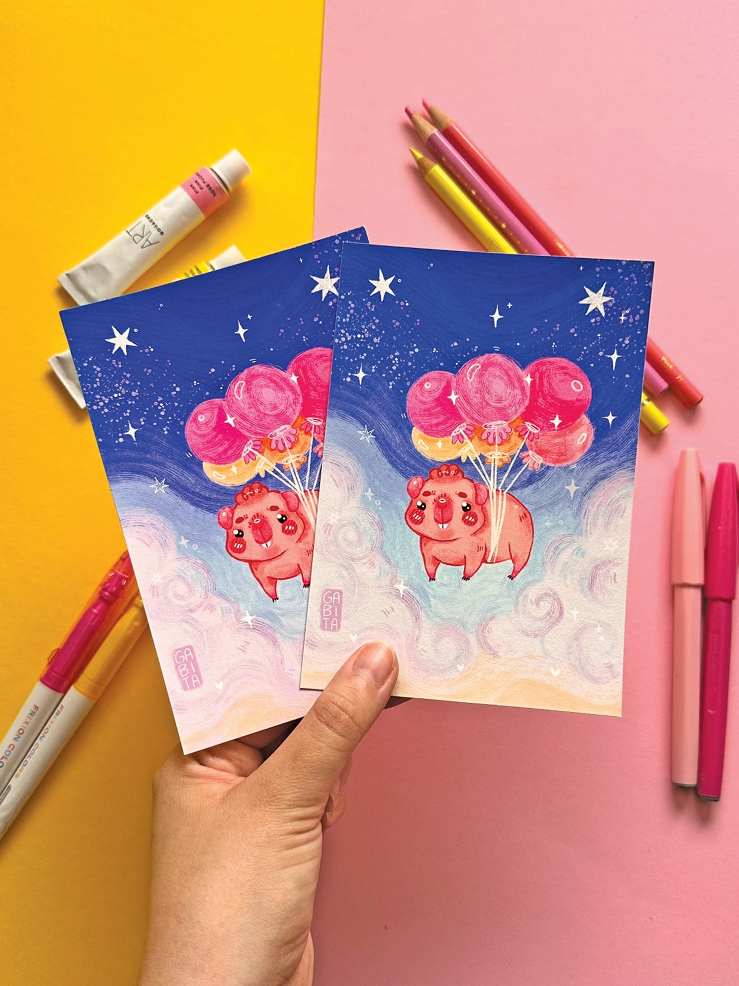 Kawaii Guinea Pig with Balloons Art Print, Adorable Hand-Drawn Illustration